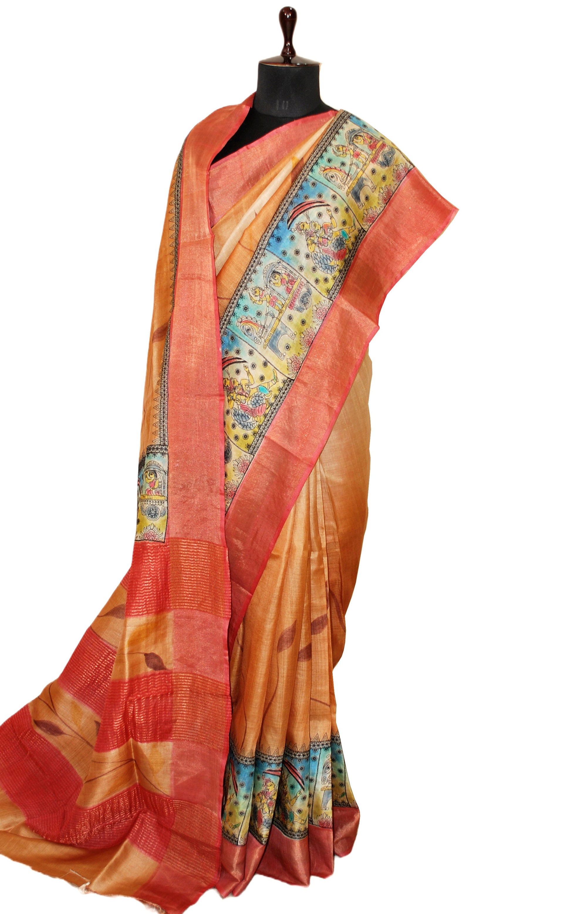 Hand Gun Paint and Embroidery Work on Printed Tussar Silk Saree in Ochre, Beige and Blush Peach