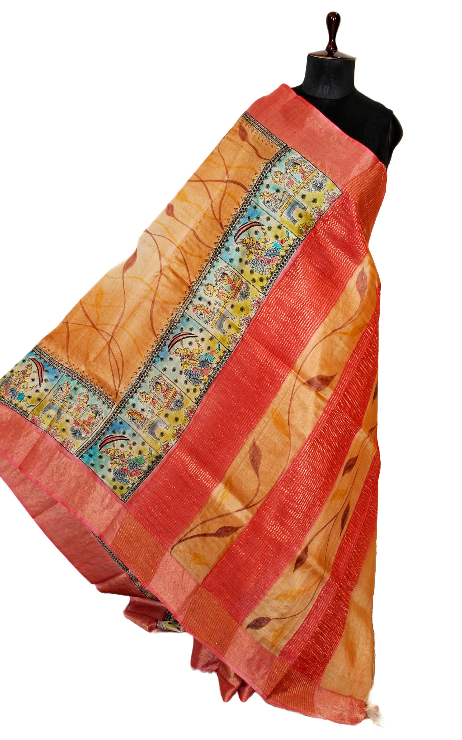 Hand Gun Paint and Embroidery Work on Printed Tussar Silk Saree in Ochre, Beige and Blush Peach