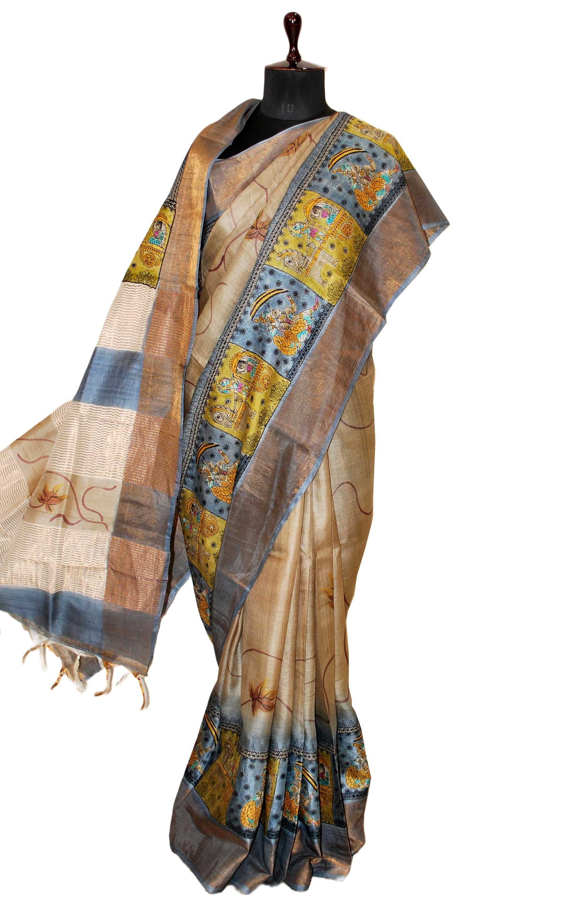 Hand Gun Paint and Embroidery Work on Printed Tussar Silk Saree in Beige, Amber Yellow and Slate Grey