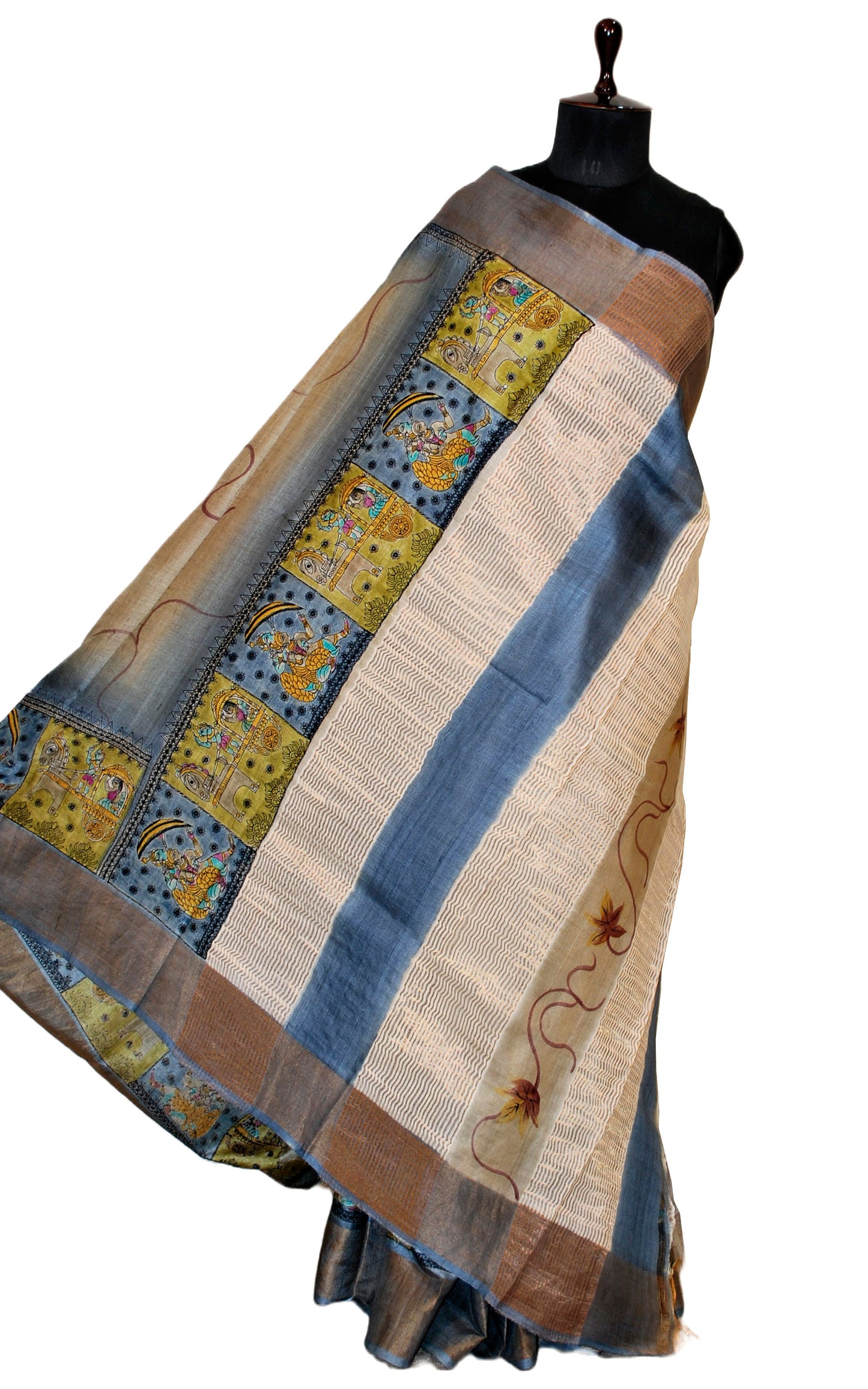 Hand Gun Paint and Embroidery Work on Printed Tussar Silk Saree in Beige, Amber Yellow and Slate Grey