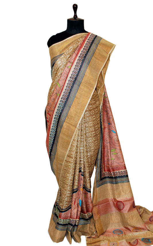 Hand Kantha Work Tussar Silk Saree in Ginger Ale, Pastel Peach, Black and Multicolored