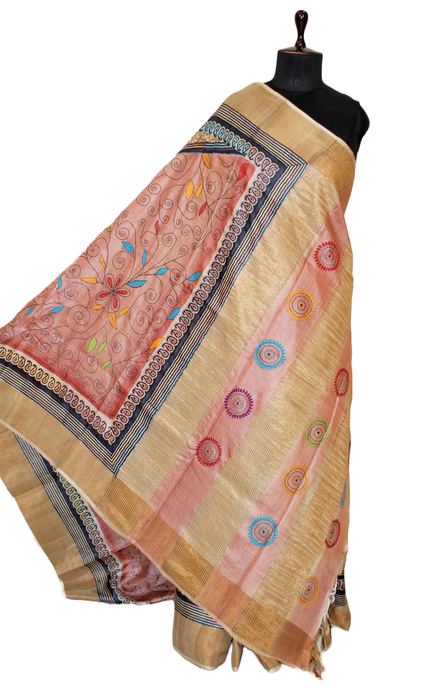 Hand Kantha Work Tussar Silk Saree in Ginger Ale, Pastel Peach, Black and Multicolored