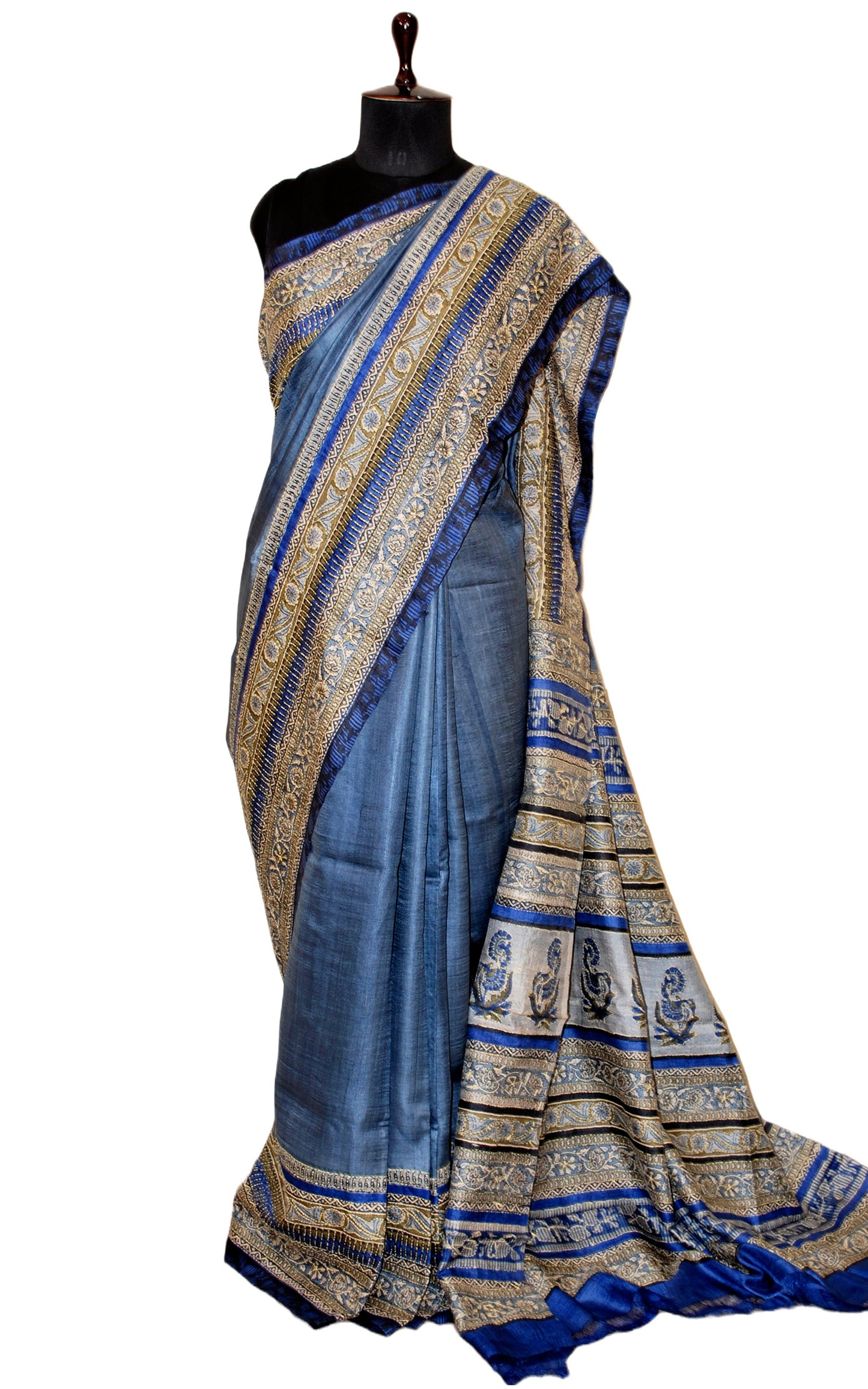 Hand Kantha Work Tussar Silk Saree in Slate Blue, Beige and Black