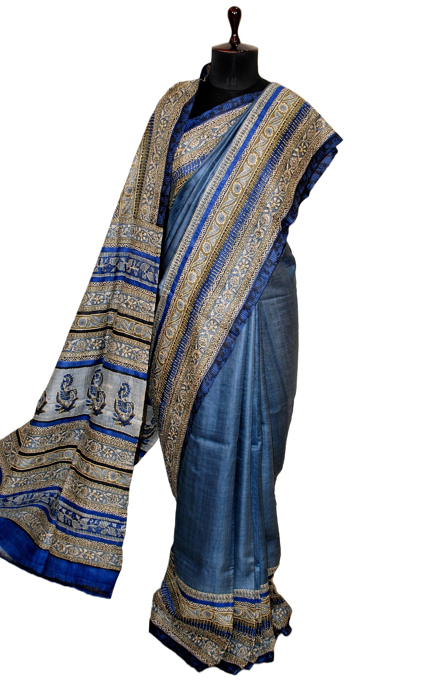 Hand Kantha Work Tussar Silk Saree in Slate Blue, Beige and Black