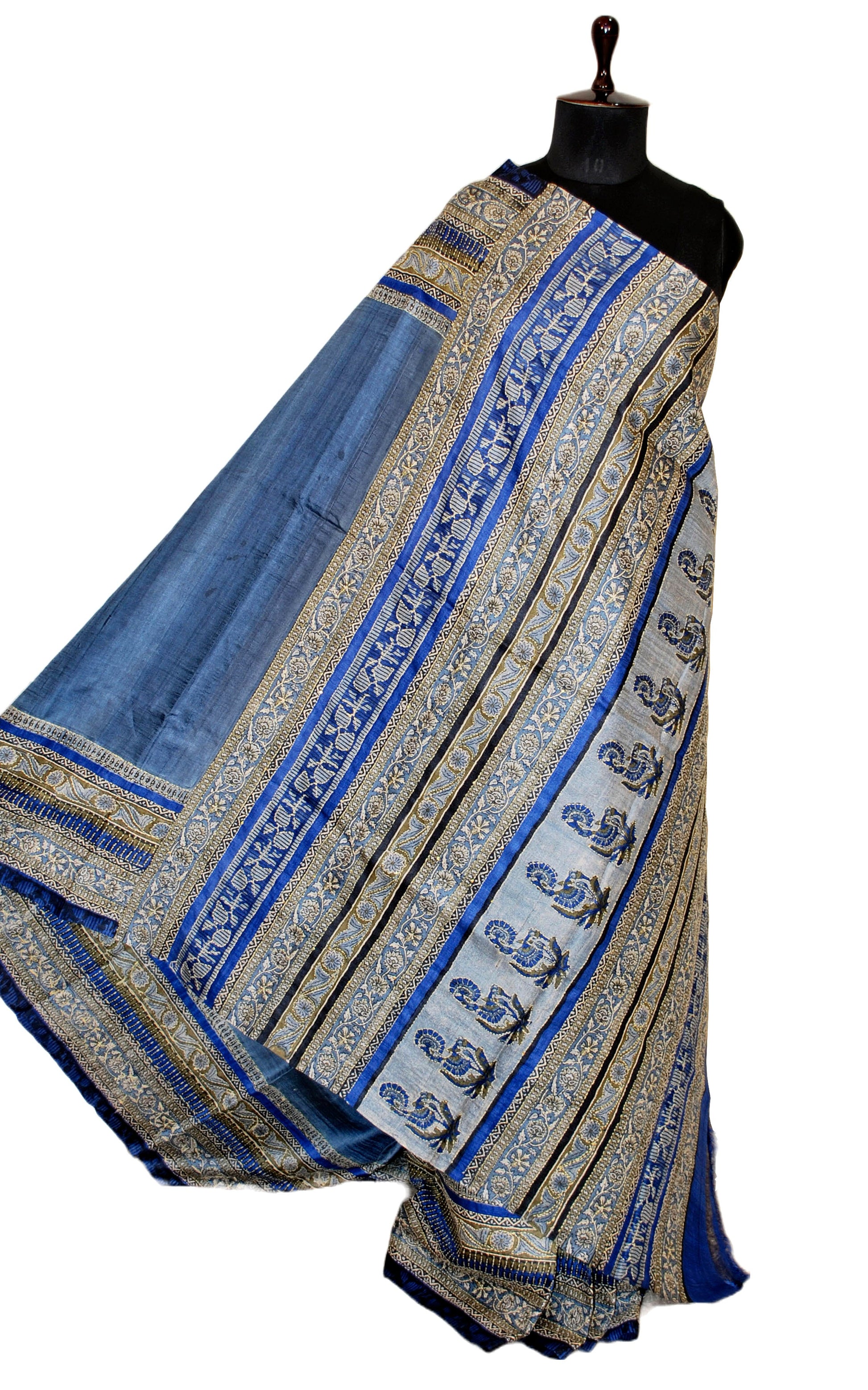 Hand Kantha Work Tussar Silk Saree in Slate Blue, Beige and Black