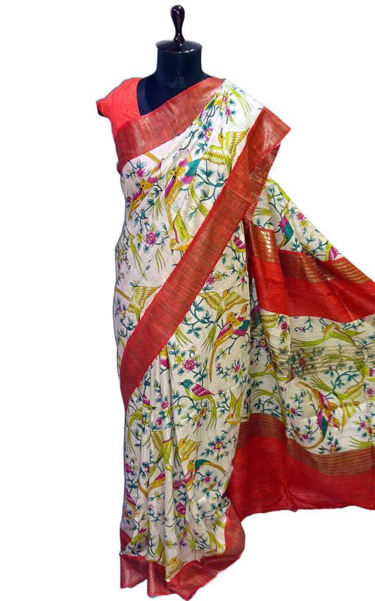 Matt Antique Zari Border Pure Gigha Block Printed Saree in Beige, Red and Multicolored