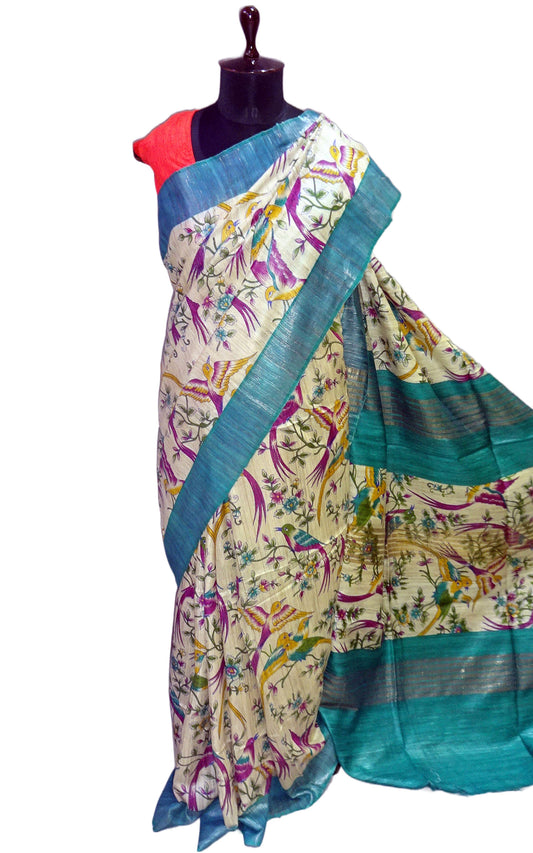 Matt Antique Zari Border Pure Gigha Block Printed Saree in Beige, Dark Cyan and Multicolored