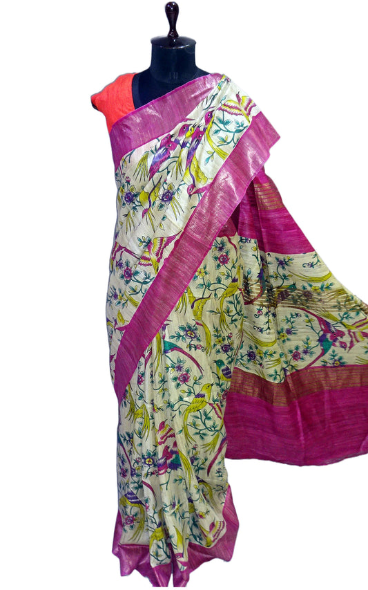 Matt Antique Zari Border Pure Gigha Block Printed Saree in Beige, Magenta and Multicolored