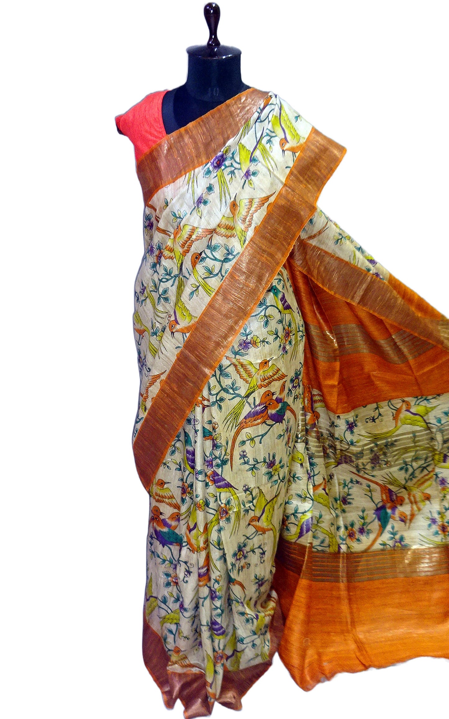 Matt Antique Zari Border Pure Gigha Block Printed Saree in Beige, Burnt Orange and Multicolored