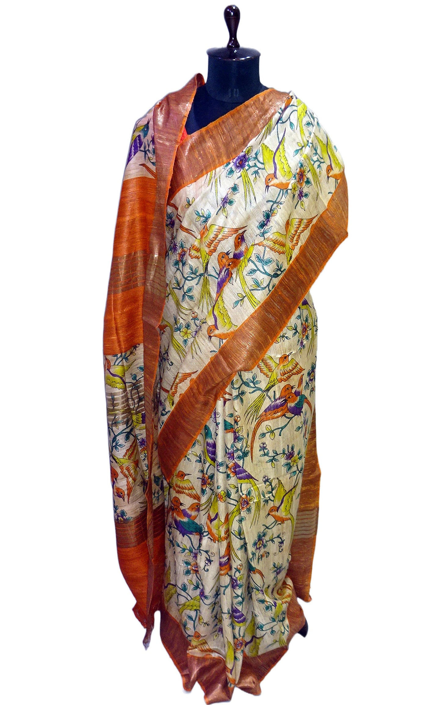 Matt Antique Zari Border Pure Gigha Block Printed Saree in Beige, Burnt Orange and Multicolored