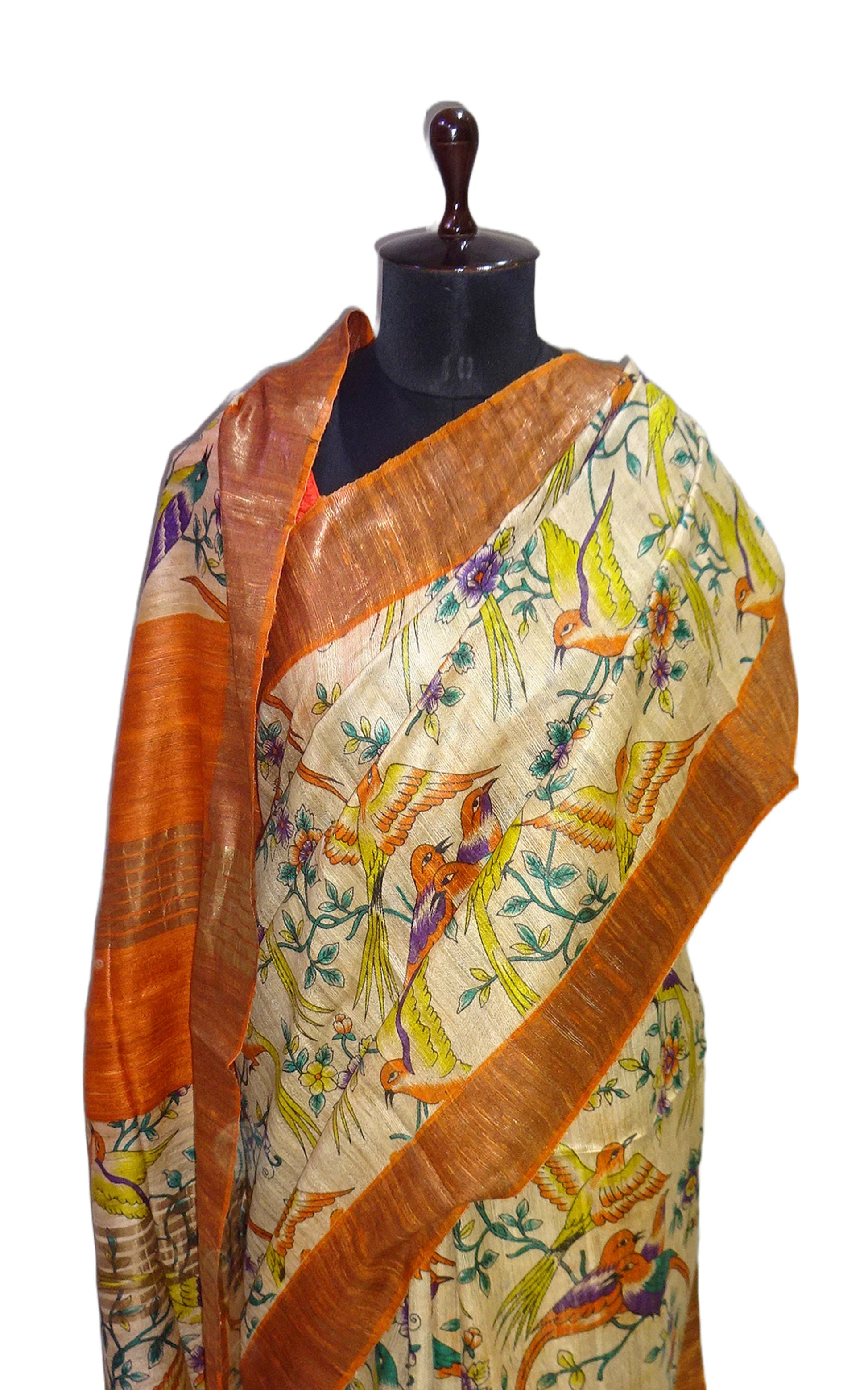 Matt Antique Zari Border Pure Gigha Block Printed Saree in Beige, Burnt Orange and Multicolored