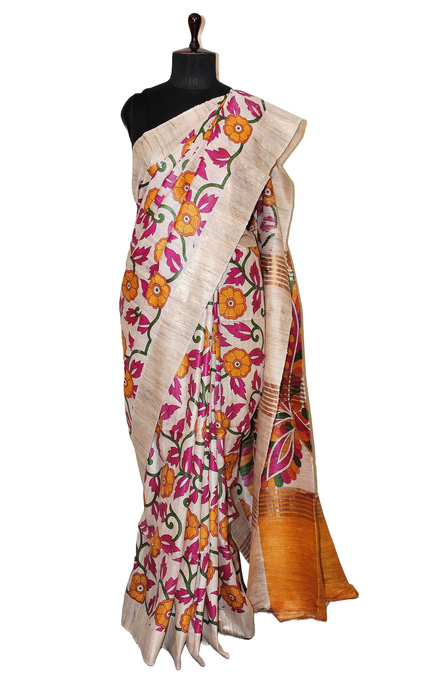 Block Printed Kalamkari Work Pure Gicha Tussar Silk Saree in Beige & Multicolored