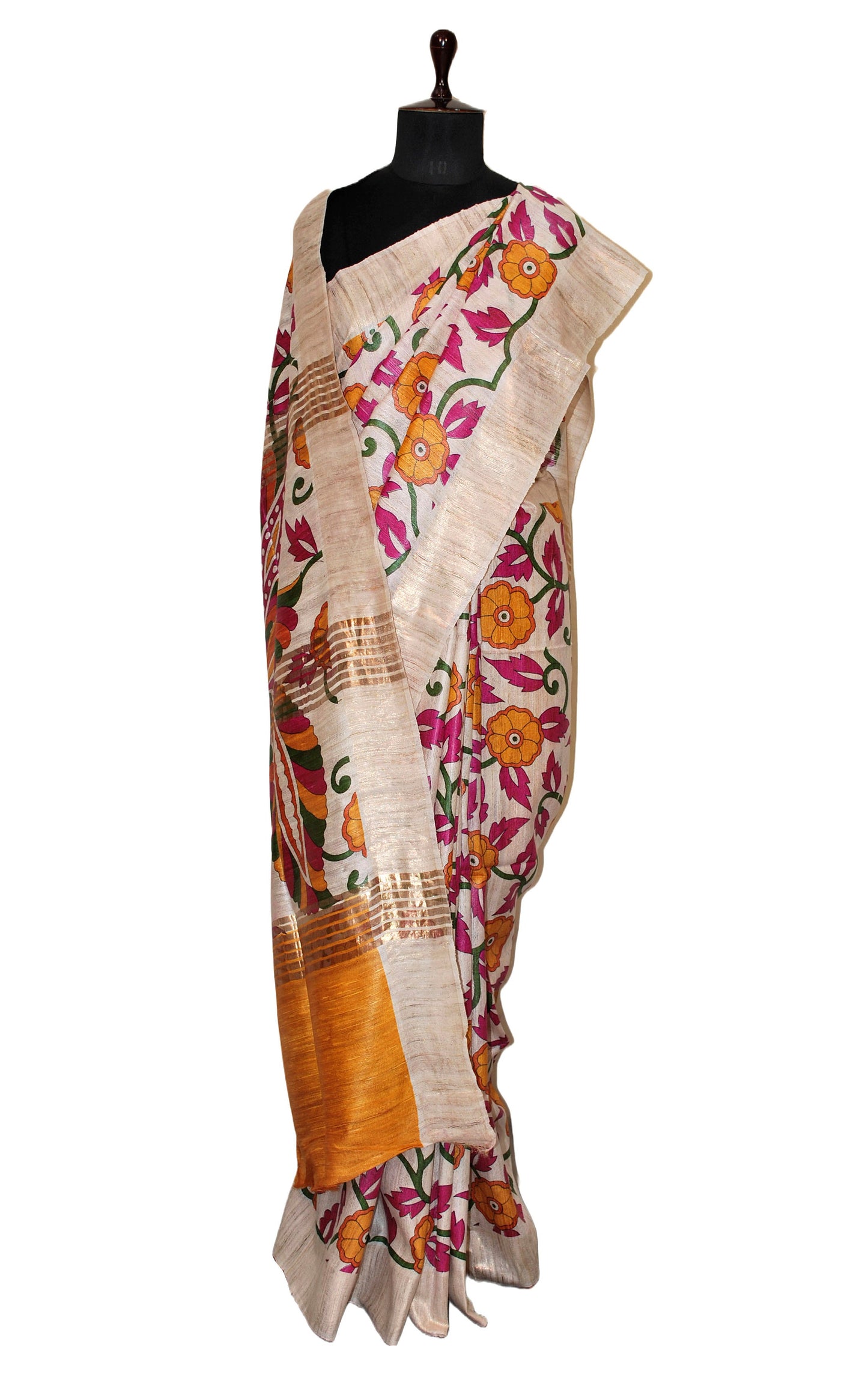 Block Printed Kalamkari Work Pure Gicha Tussar Silk Saree in Beige & Multicolored