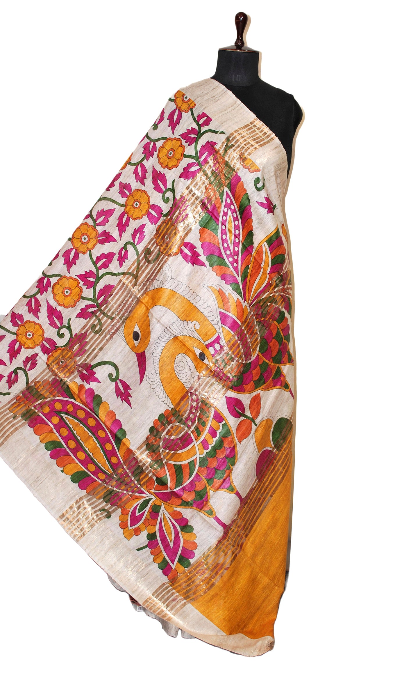 Block Printed Kalamkari Work Pure Gicha Tussar Silk Saree in Beige & Multicolored