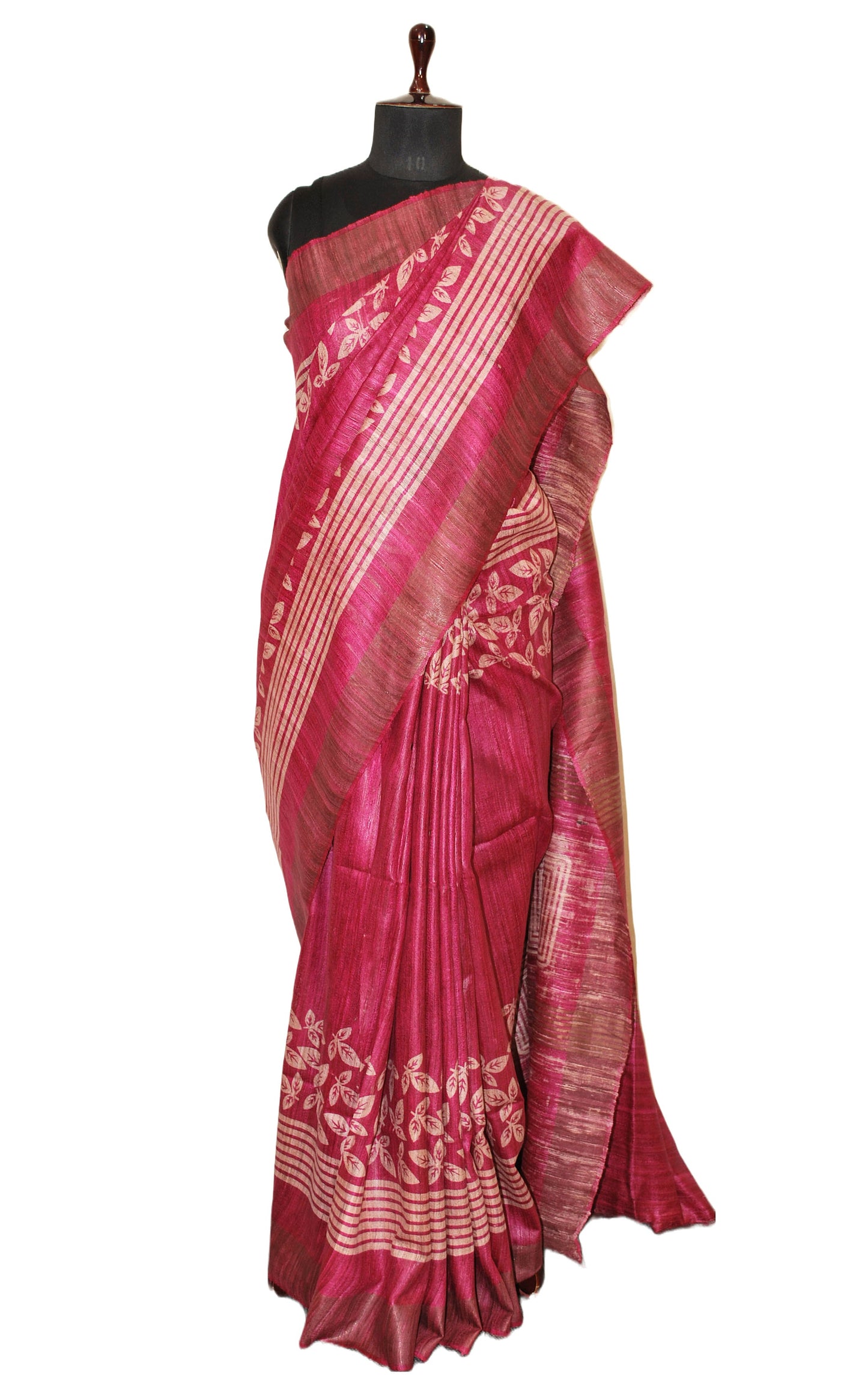 Block Printed Pure Gicha Tussar Silk Saree in Purple & Beige