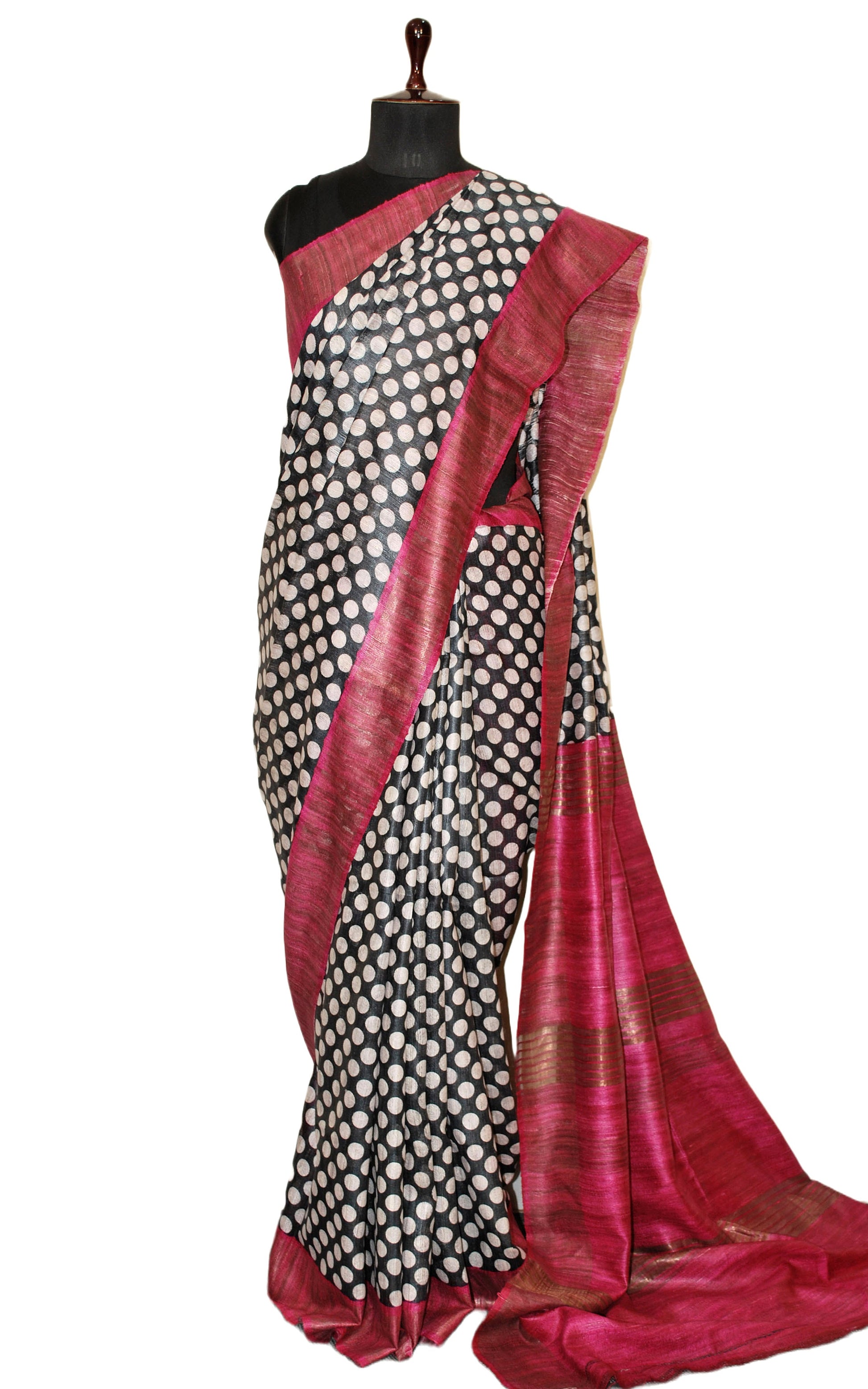 Block Printed Polka Work Pure Gicha Tussar Silk Saree in Black, Off White & Magenta