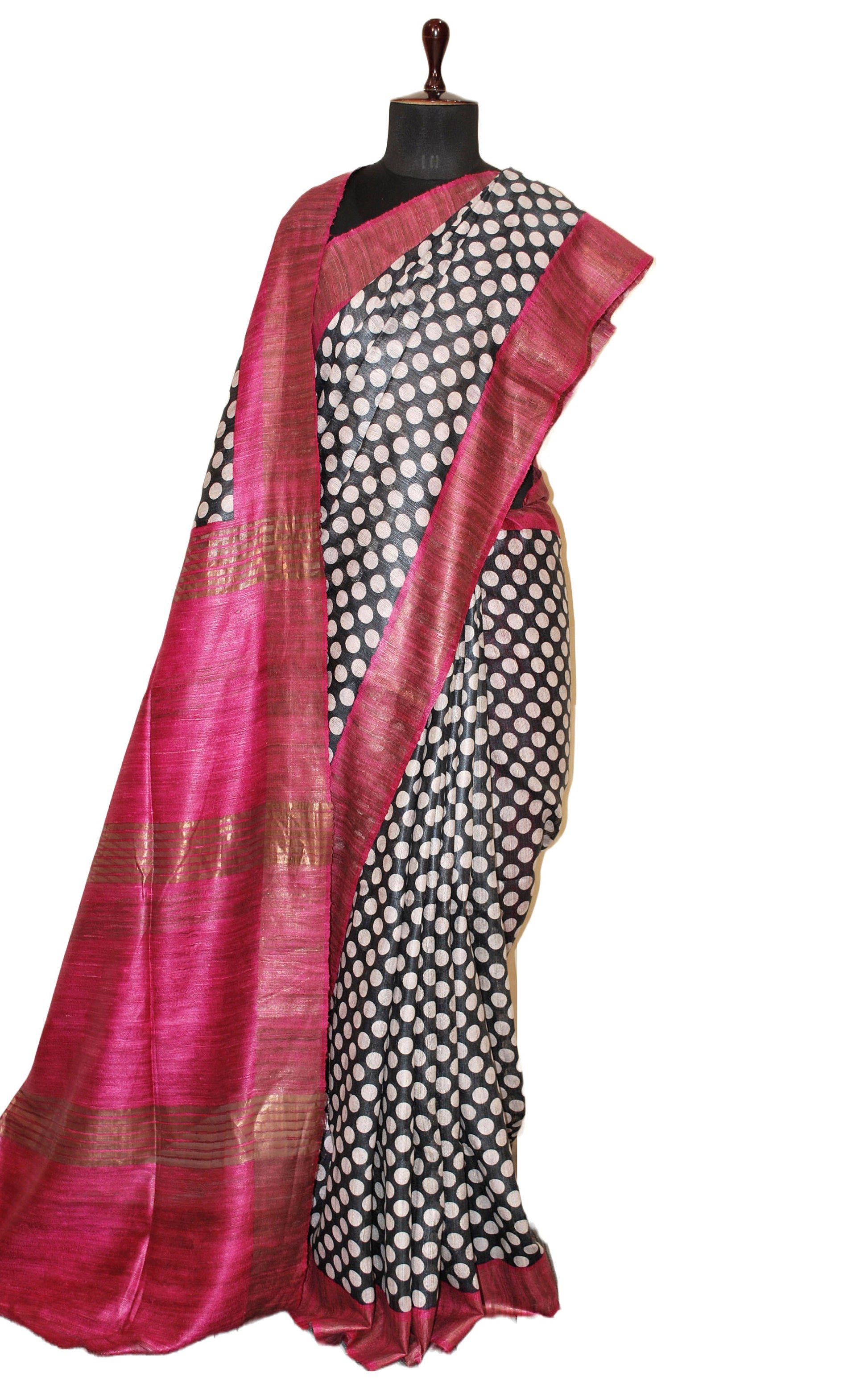 Block Printed Polka Work Pure Gicha Tussar Silk Saree in Black, Off White & Magenta