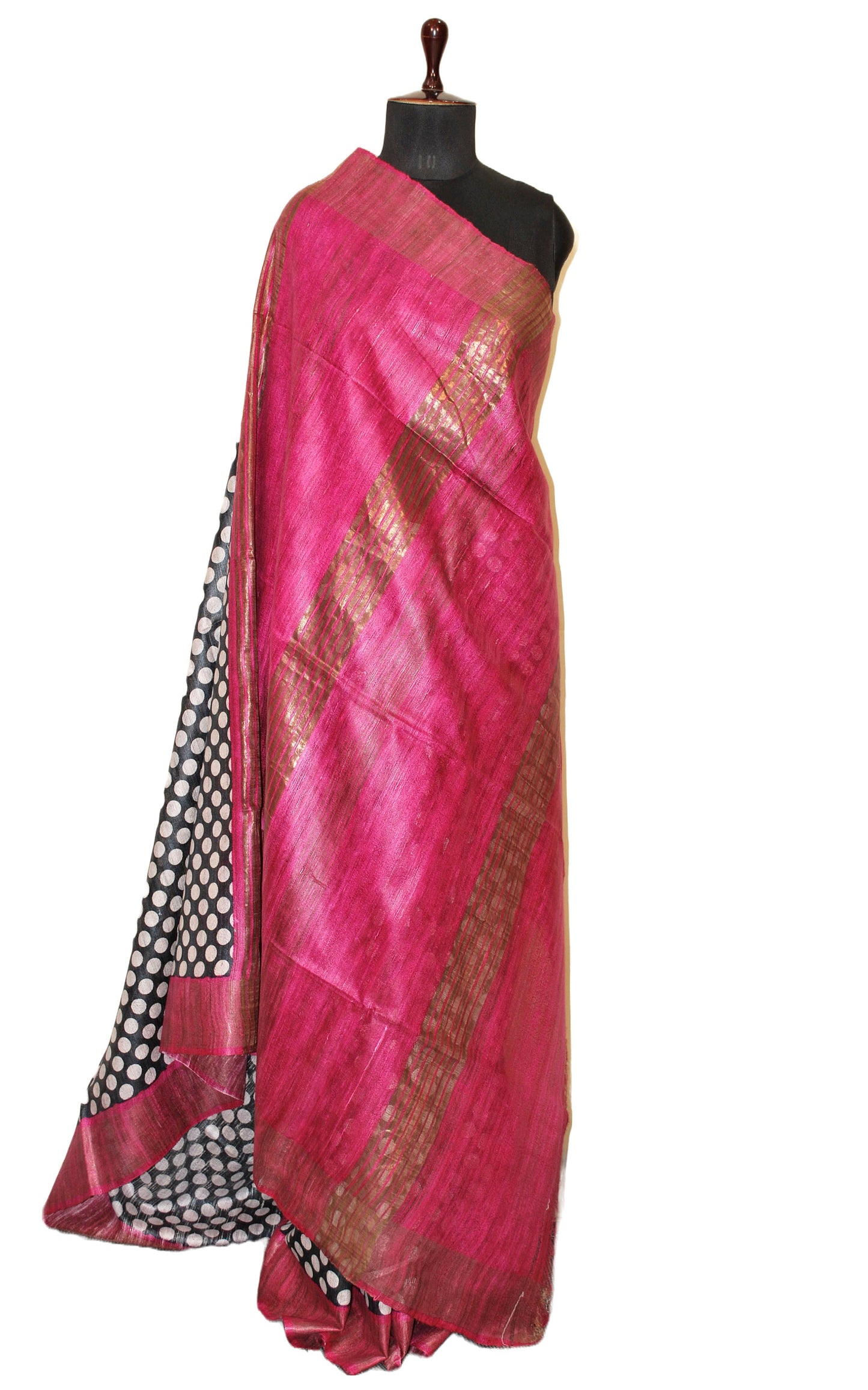 Block Printed Polka Work Pure Gicha Tussar Silk Saree in Black, Off White & Magenta