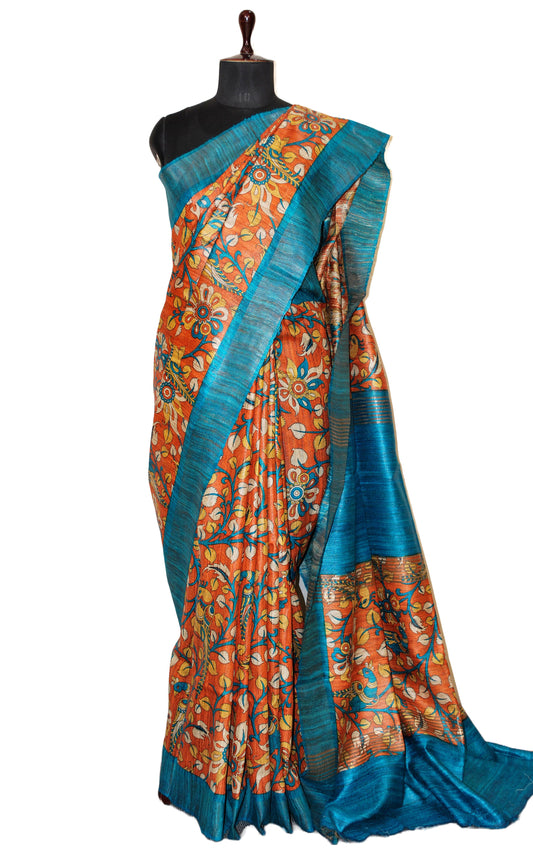 Block Printed Polka Work Pure Gicha Tussar Silk Saree in Orange, Blue & Multicolored