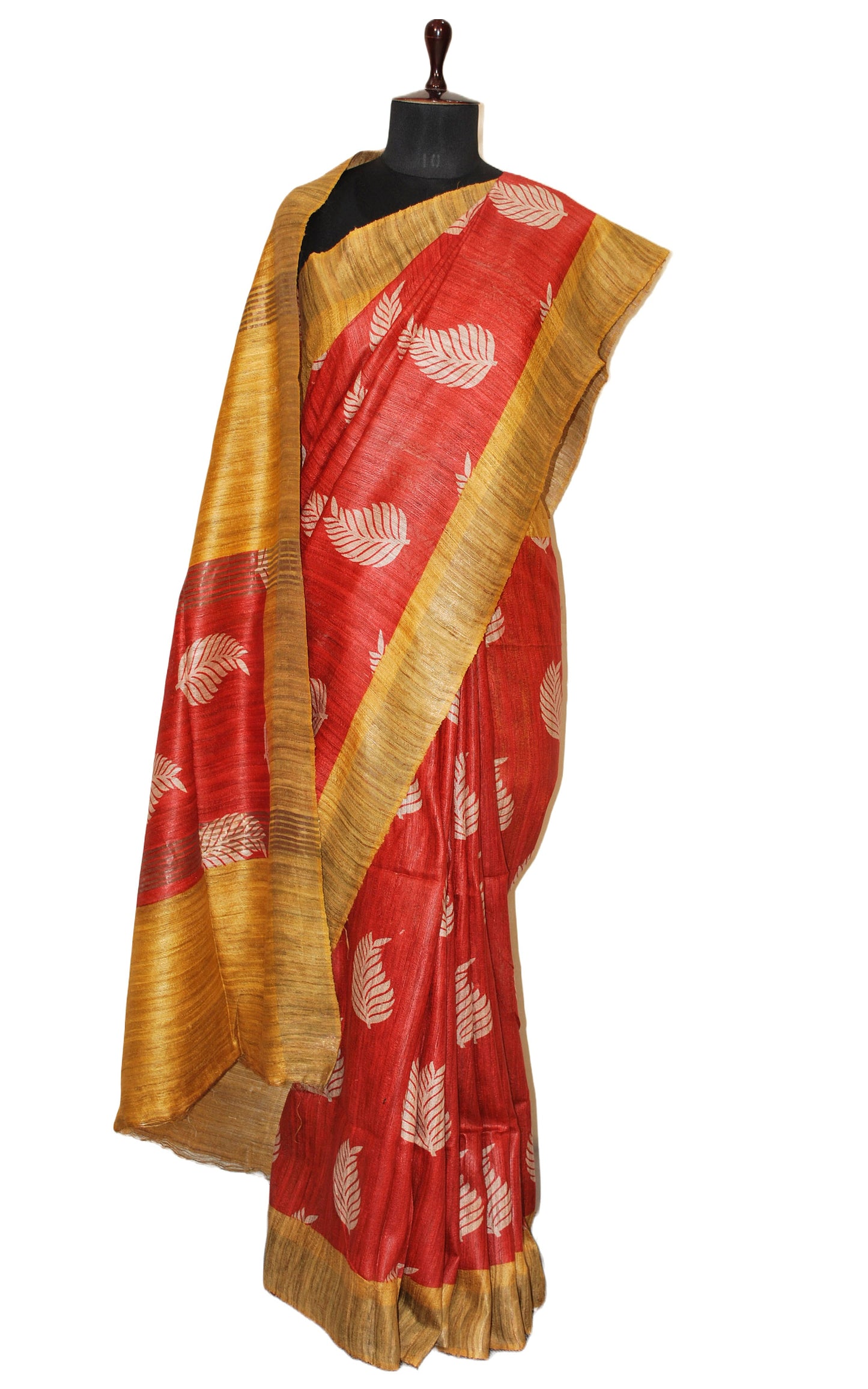 Block Printed Polka Work Pure Gicha Tussar Silk Saree in Rust, Yellow & Beige