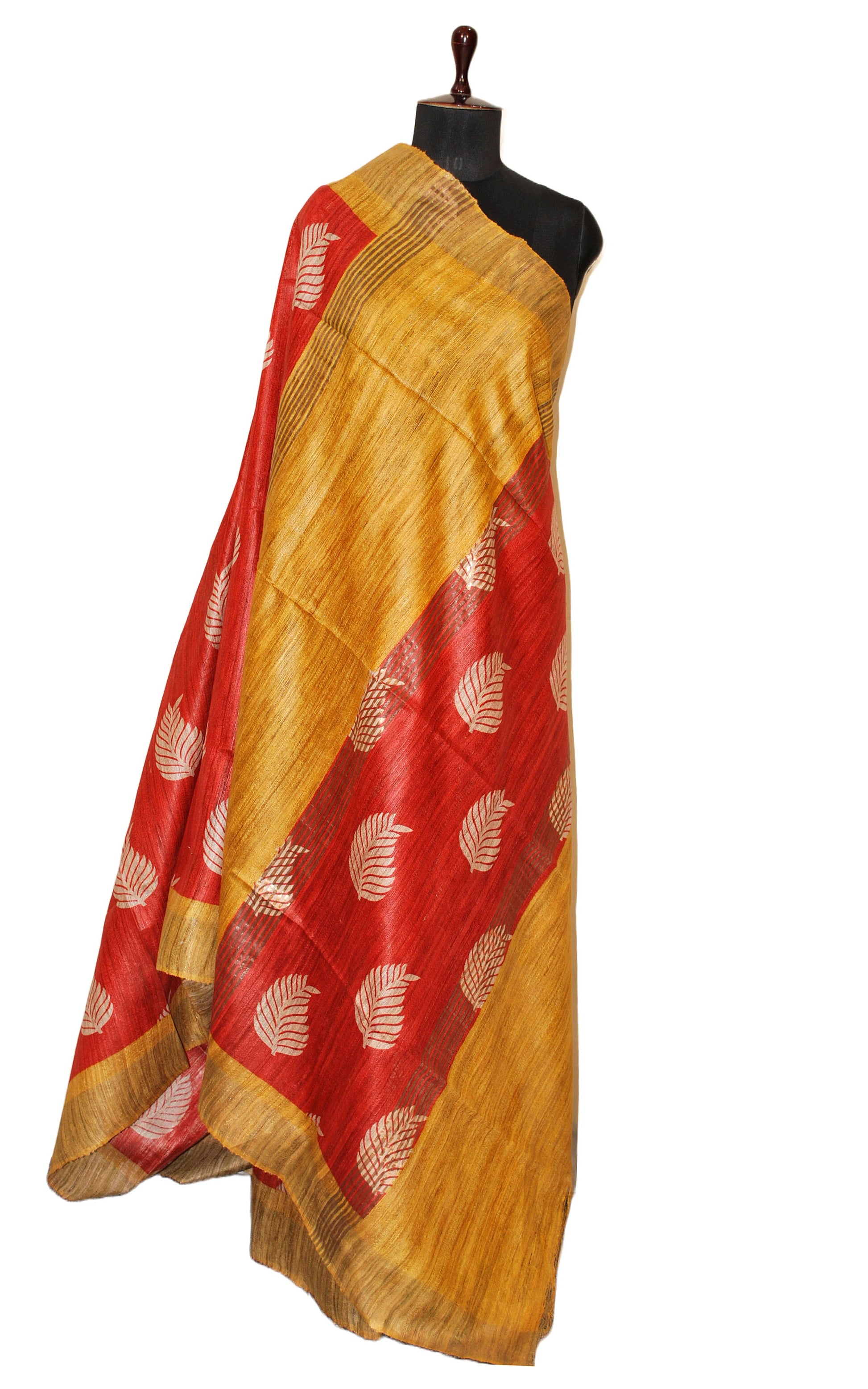 Block Printed Polka Work Pure Gicha Tussar Silk Saree in Rust, Yellow & Beige