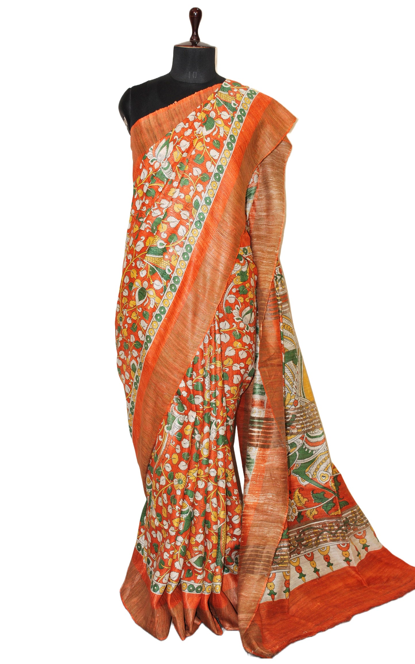 Block Printed Kalamkari Pure Gicha Tussar Silk Saree in Orange and Multicolored