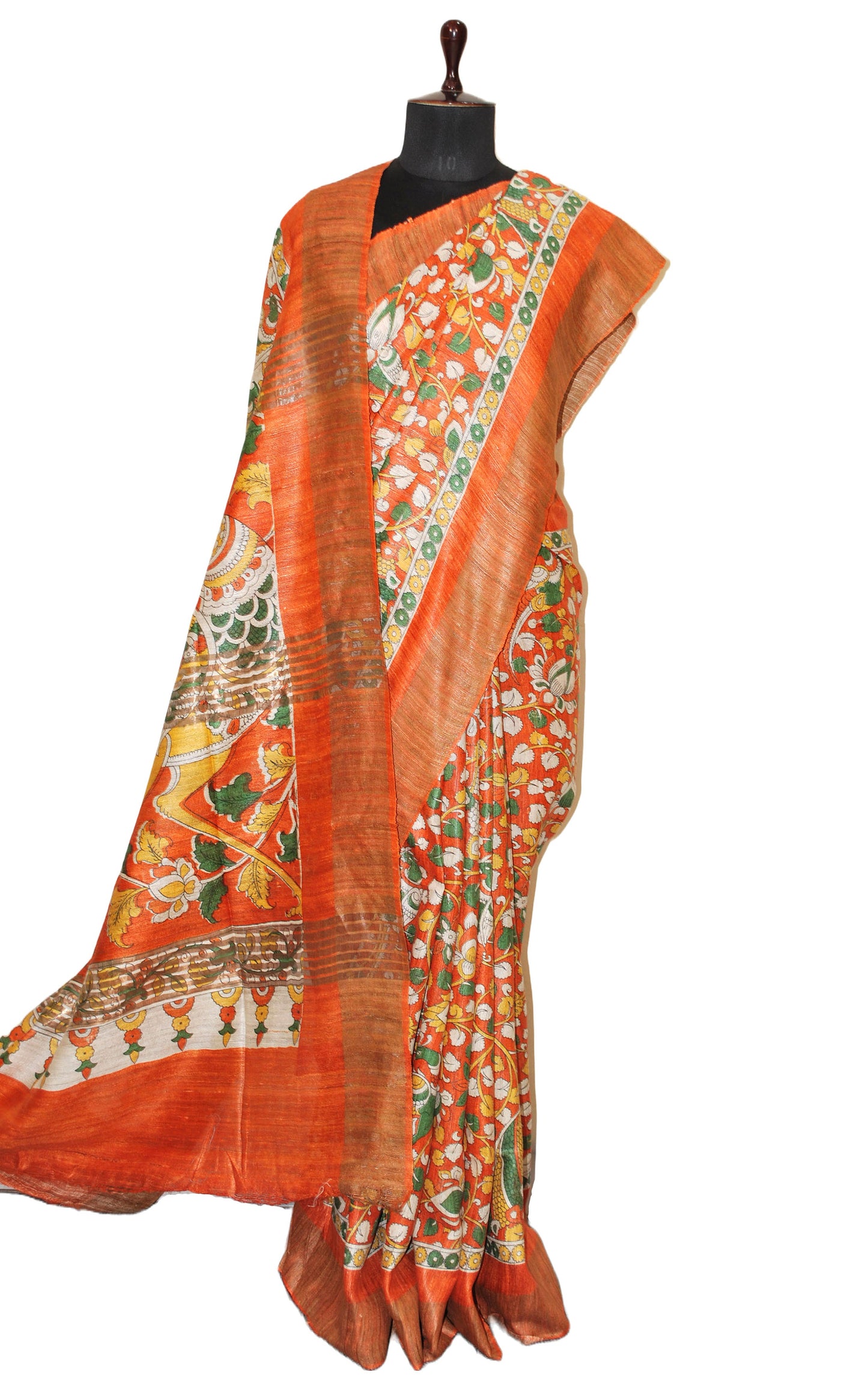 Block Printed Kalamkari Pure Gicha Tussar Silk Saree in Orange and Multicolored