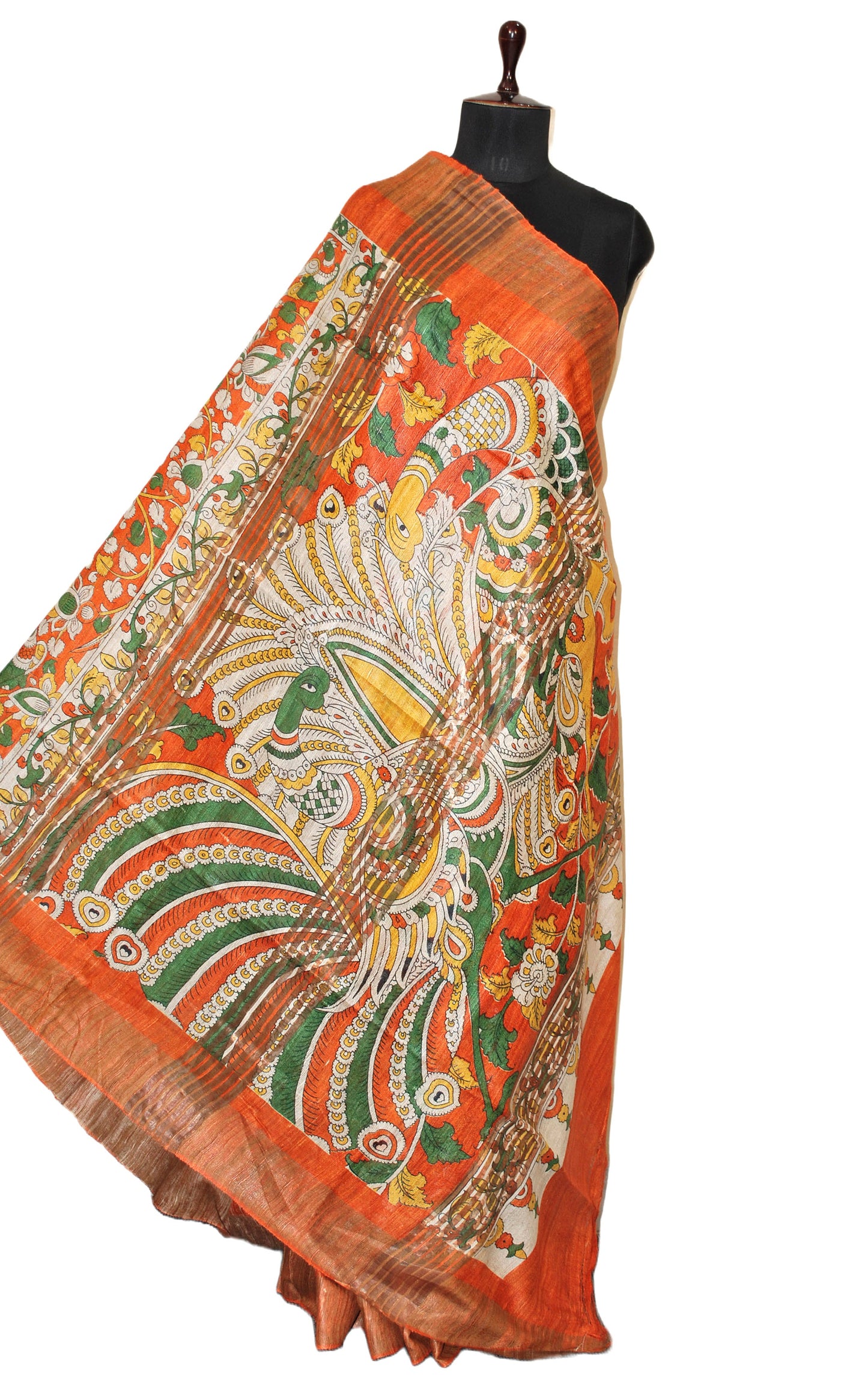 Block Printed Kalamkari Pure Gicha Tussar Silk Saree in Orange and Multicolored