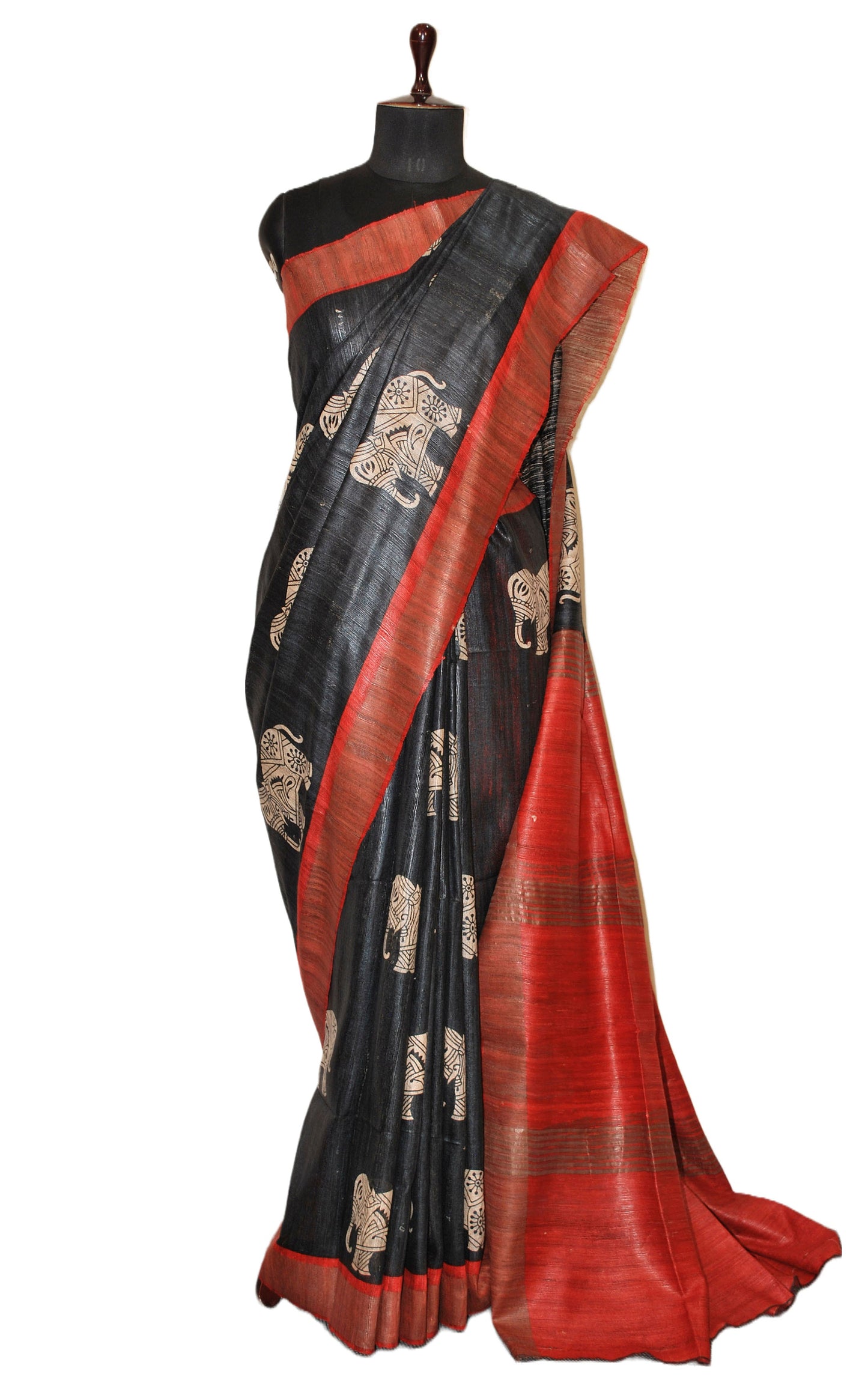 Block Printed Pure Gicha Tussar Silk Saree in Black, Rust Brown & Beige