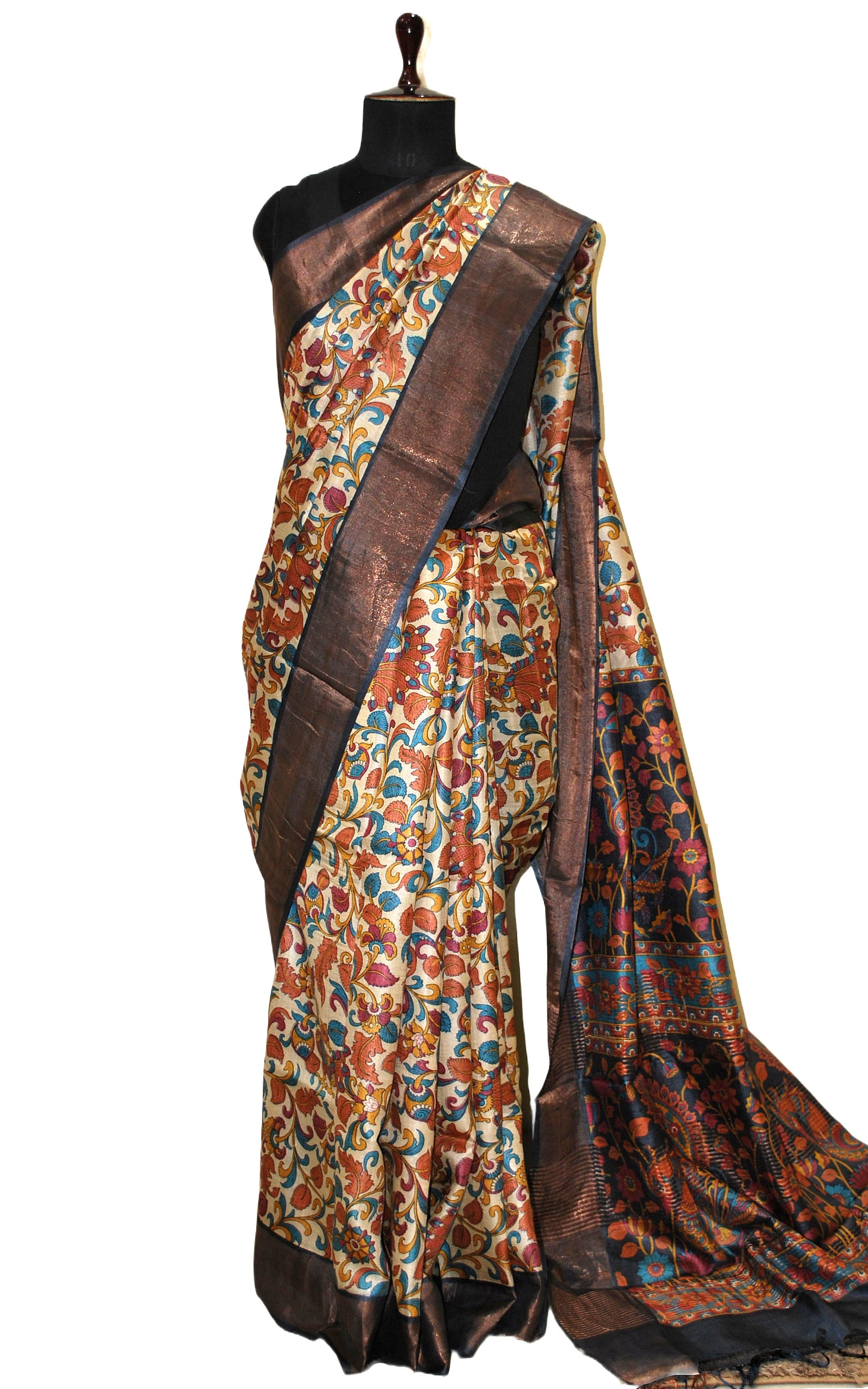 Kalamkari Printed Soft Tussar Silk Saree in Papaya Whip, Prussian Blue and Multicolored