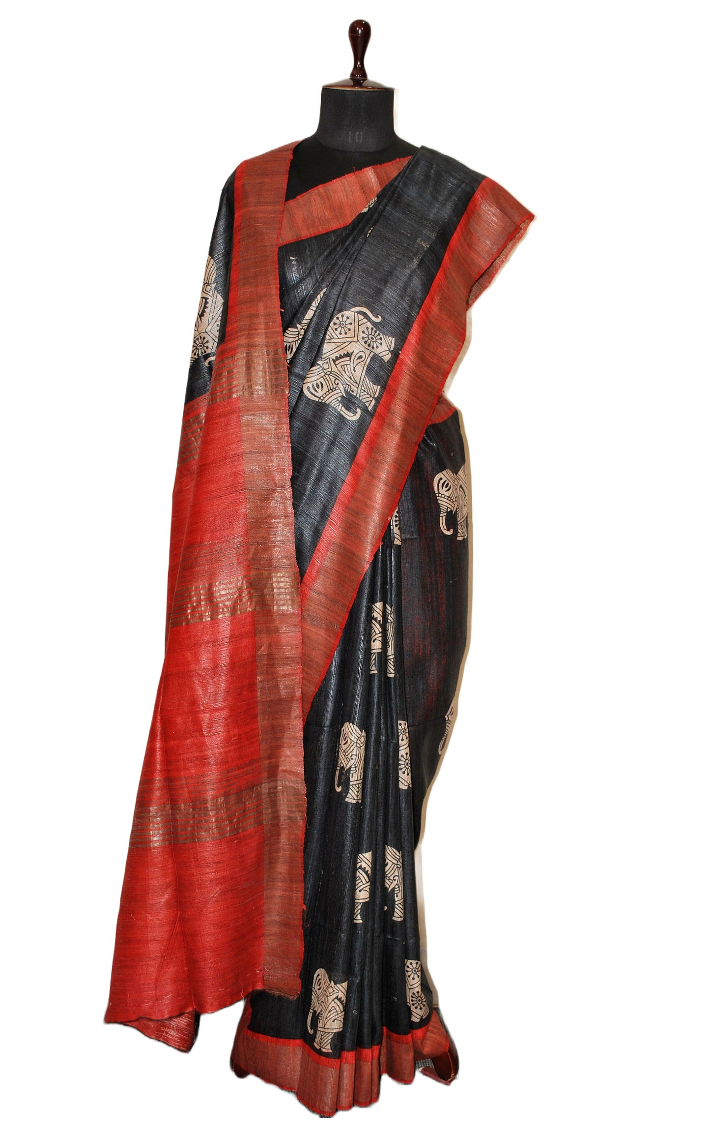 Block Printed Pure Gicha Tussar Silk Saree in Black, Rust Brown & Beige