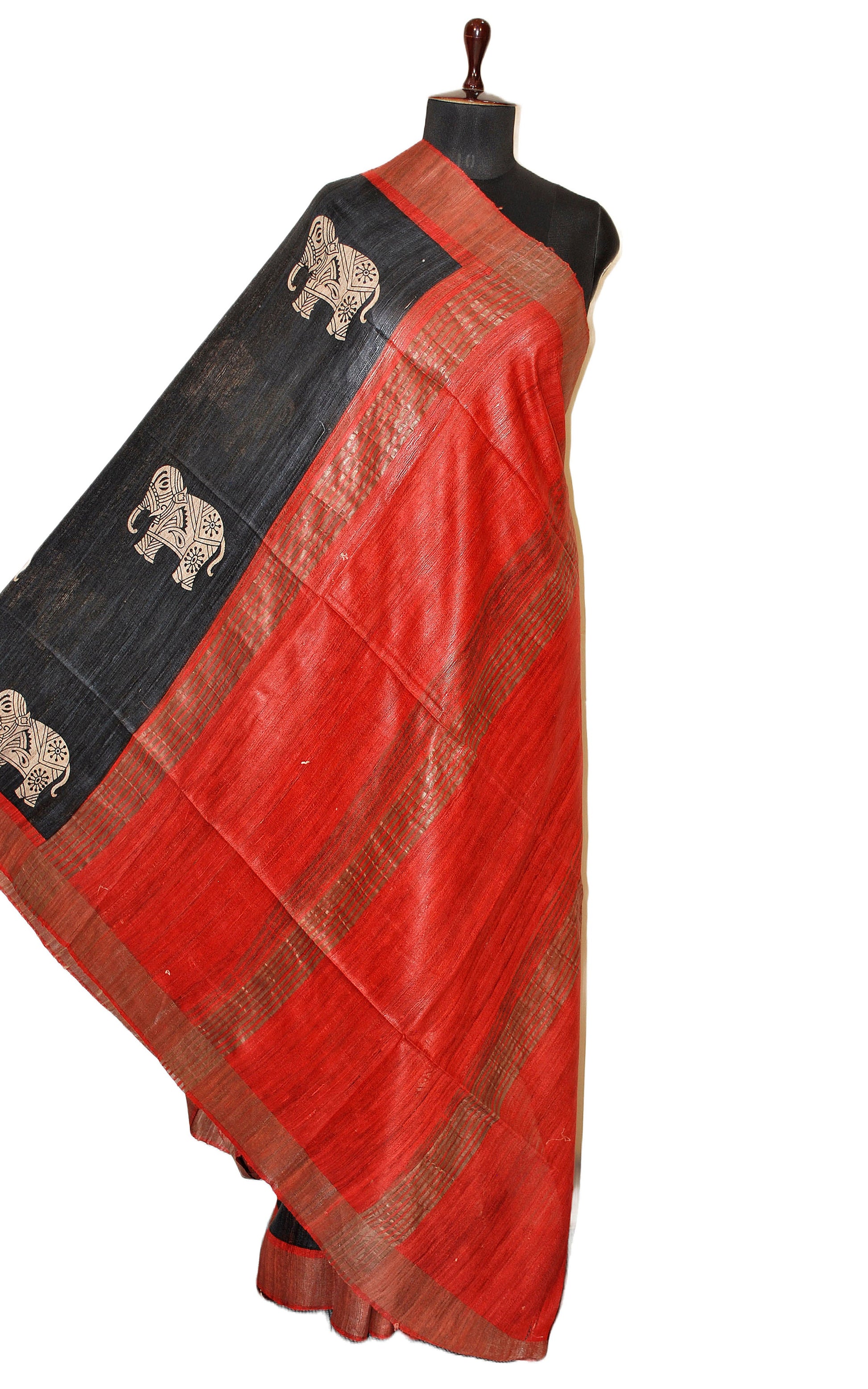 Block Printed Pure Gicha Tussar Silk Saree in Black, Rust Brown & Beige