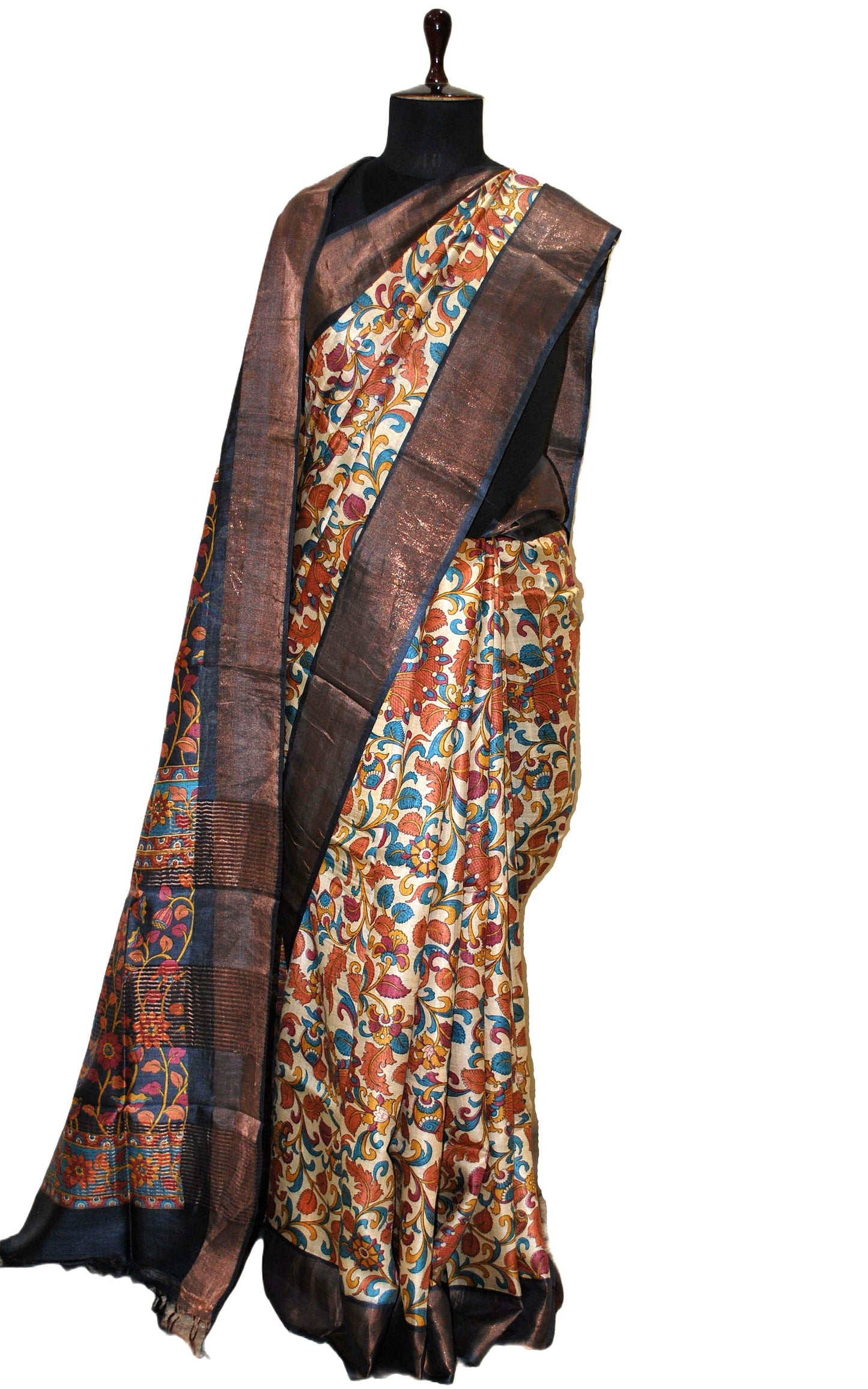 Kalamkari Printed Soft Tussar Silk Saree in Papaya Whip, Prussian Blue and Multicolored