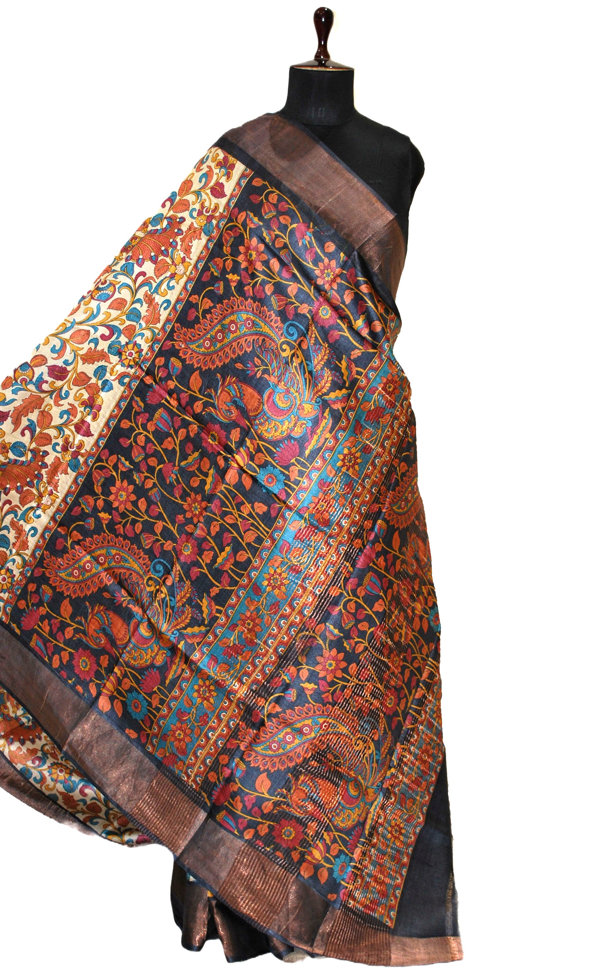 Kalamkari Printed Soft Tussar Silk Saree in Papaya Whip, Prussian Blue and Multicolored