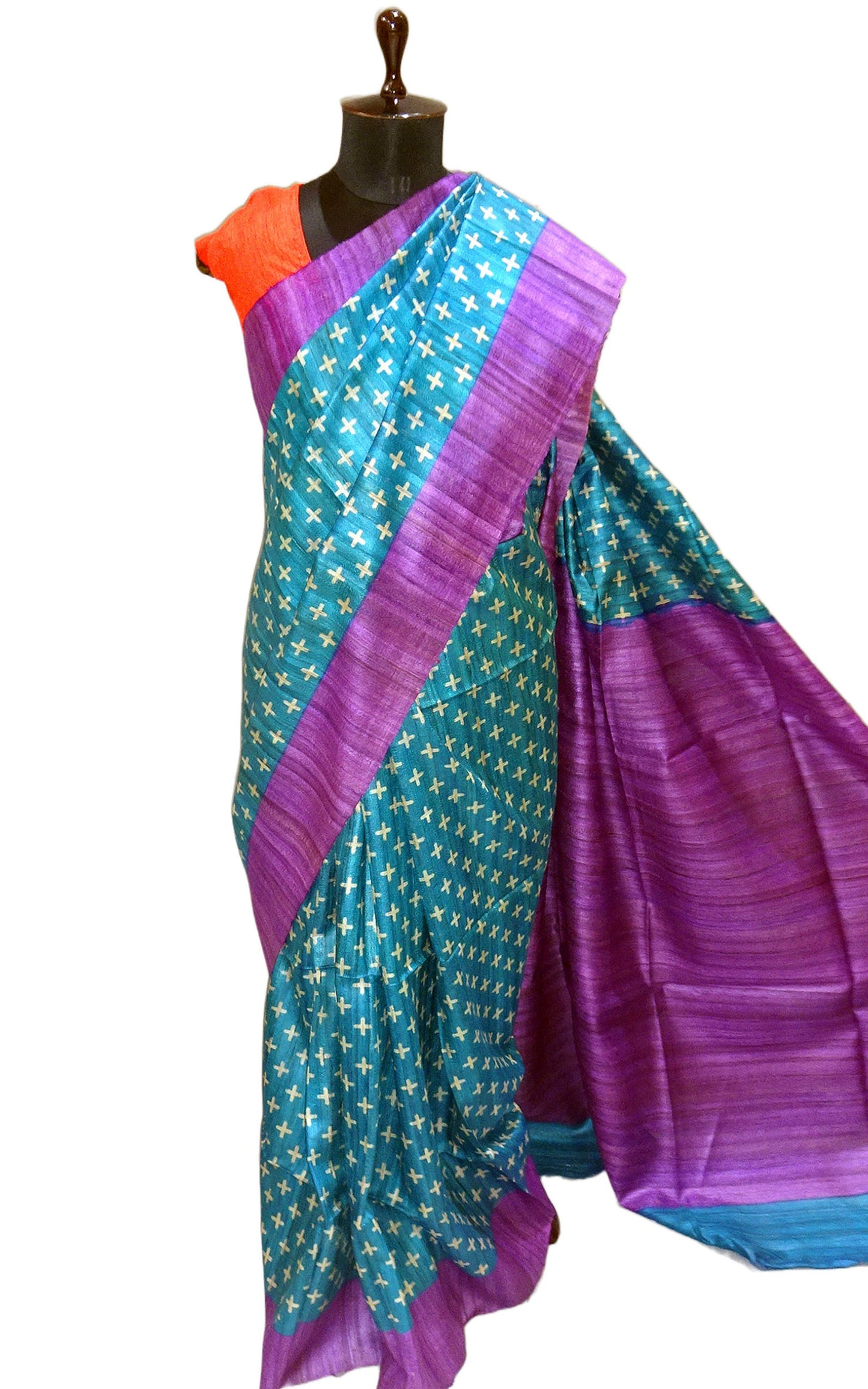 Ikkat Printed Silk Gicha Tussar Saree in Sapphire Blue, Dark Lavender and Beige