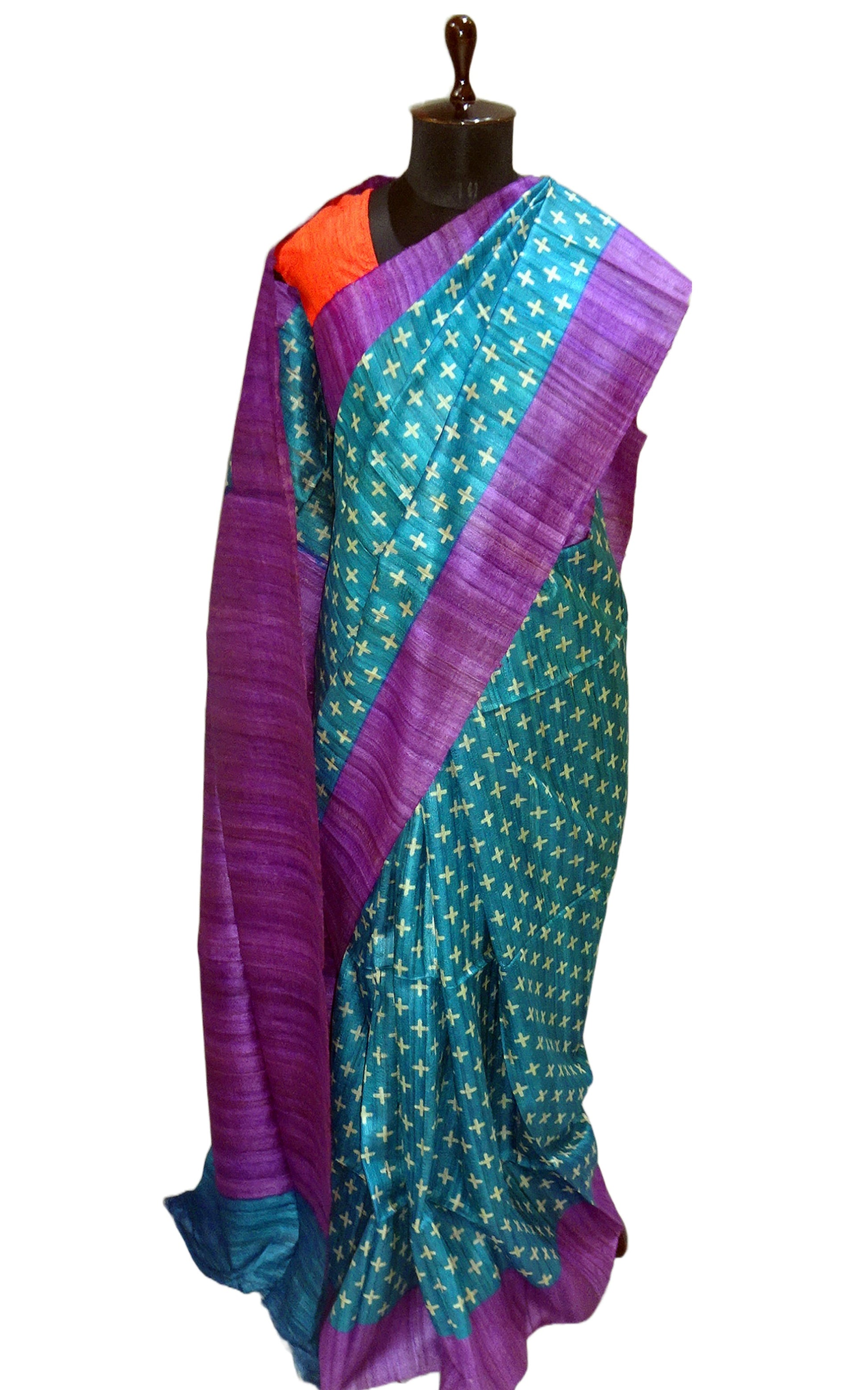 Ikkat Printed Silk Gicha Tussar Saree in Sapphire Blue, Dark Lavender and Beige