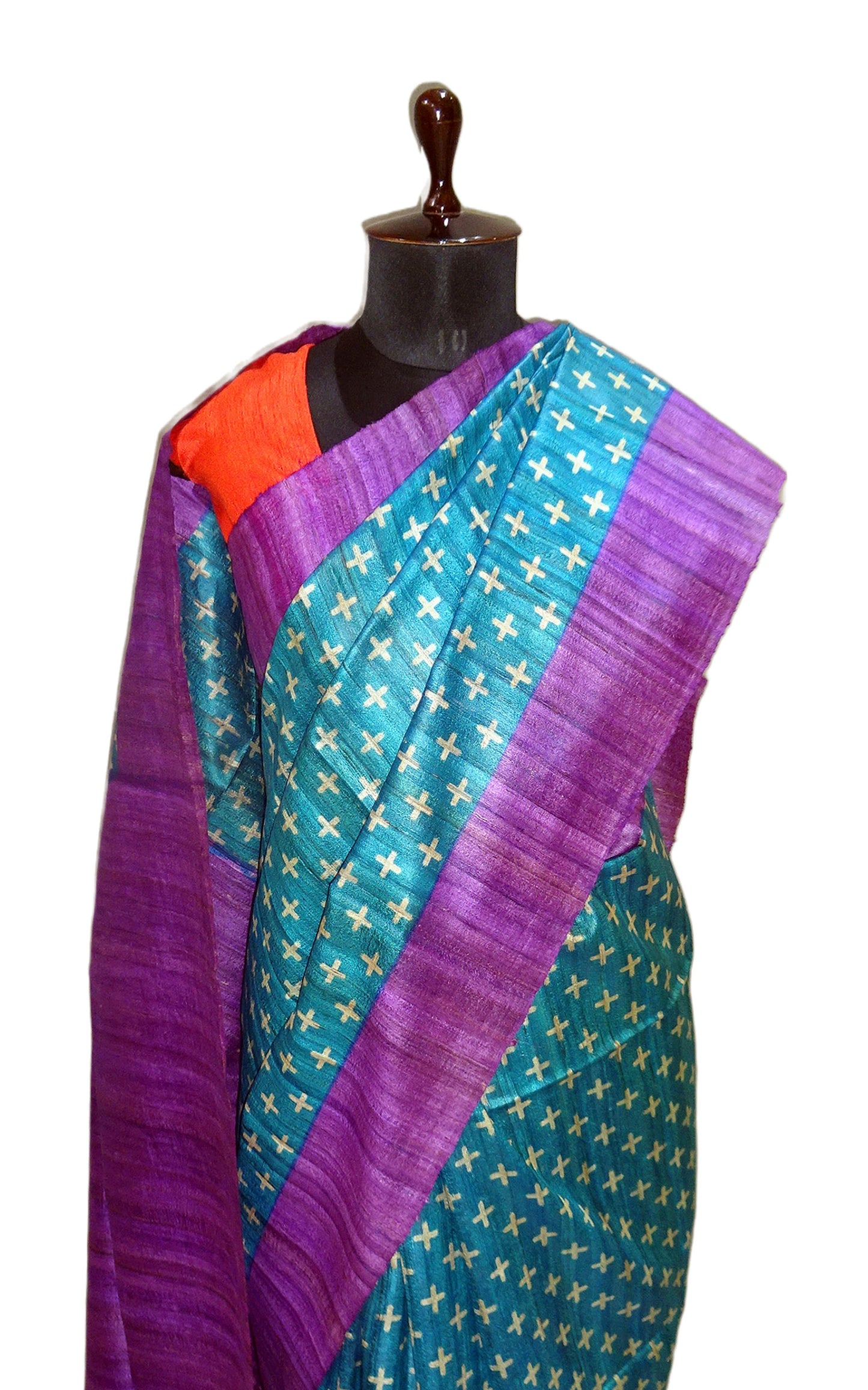 Ikkat Printed Silk Gicha Tussar Saree in Sapphire Blue, Dark Lavender and Beige