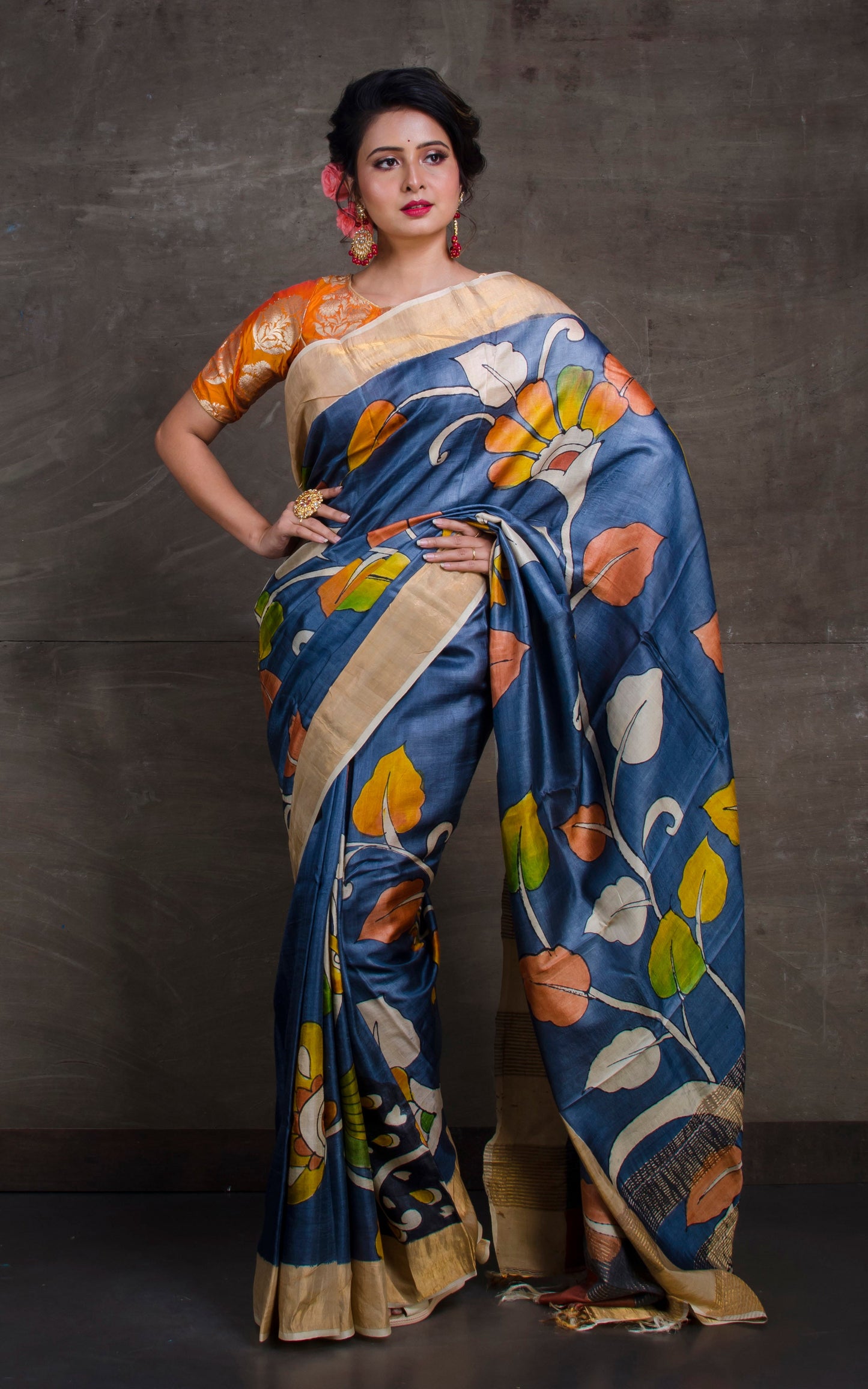 Printed Soft Tussar Silk with Matte finish Zari Border in Steel Grey and Multicolored Prints