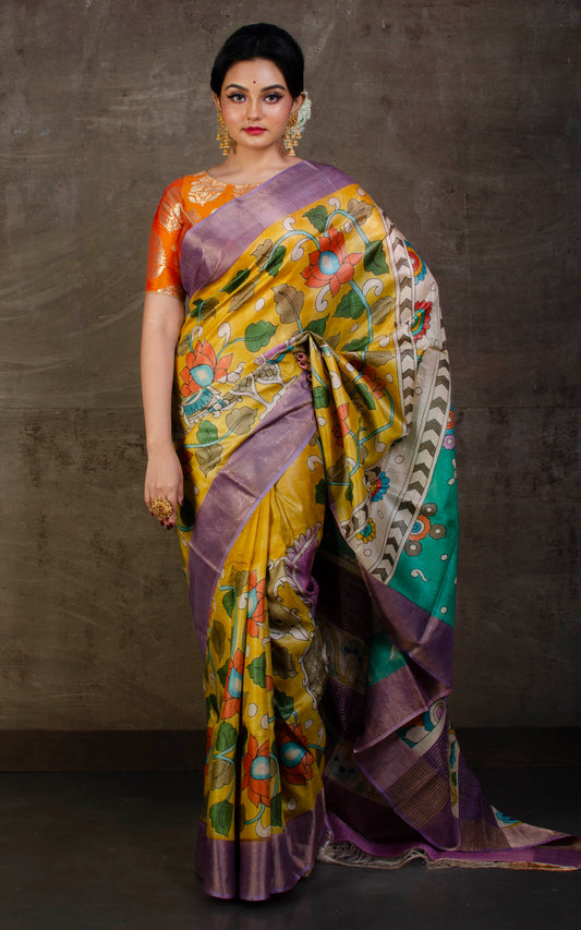 Printed Soft Tussar Silk Saree in Yellow, Lilac and Multicolored Prints