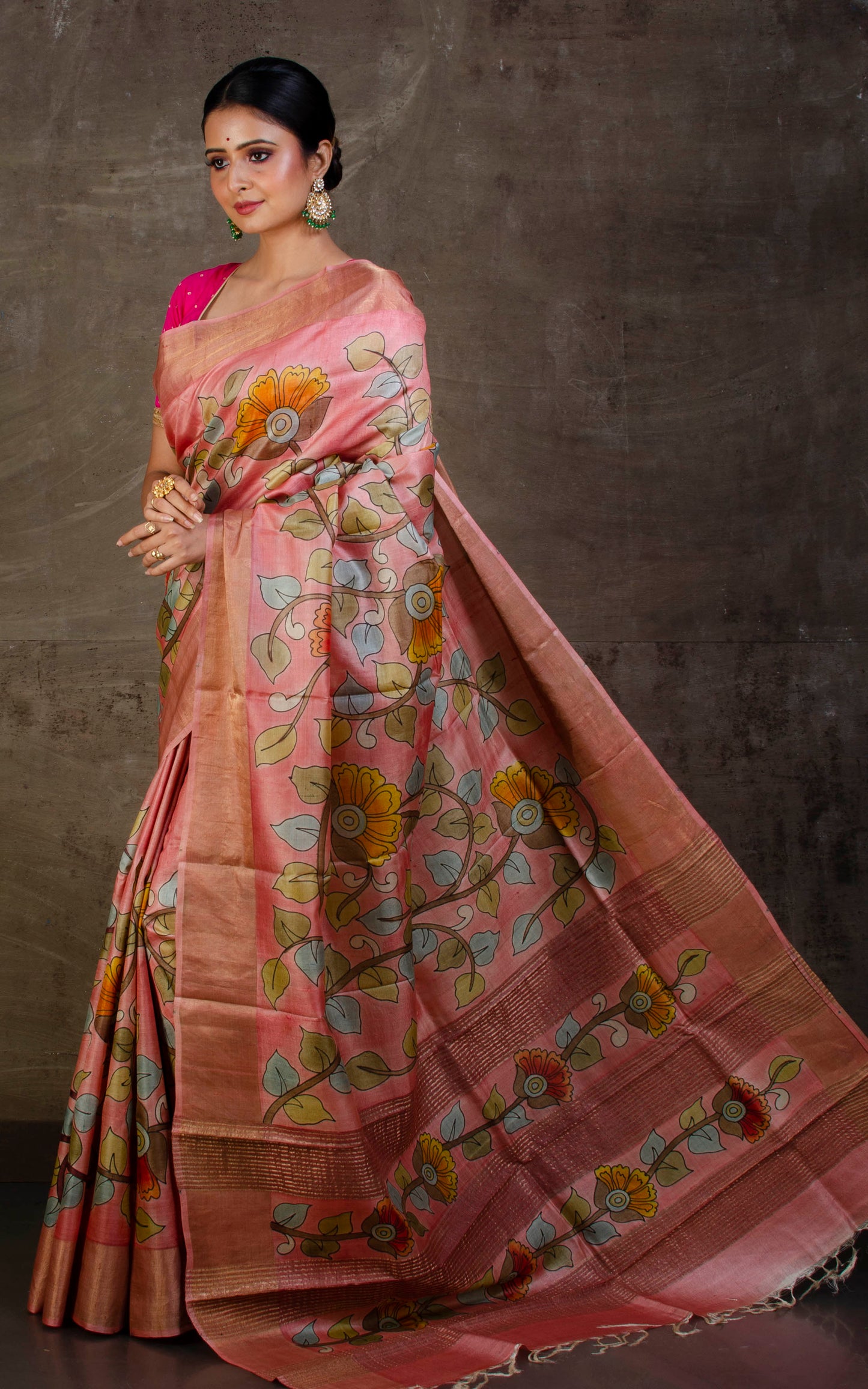 Printed Soft Tussar Silk Saree in Pink Orange and Multicolored Prints