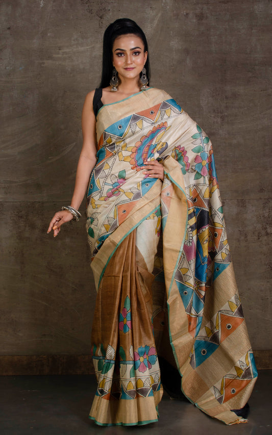 Printed Soft Tussar Silk Saree in Chocolate Brown, Beige and Multicolored Prints