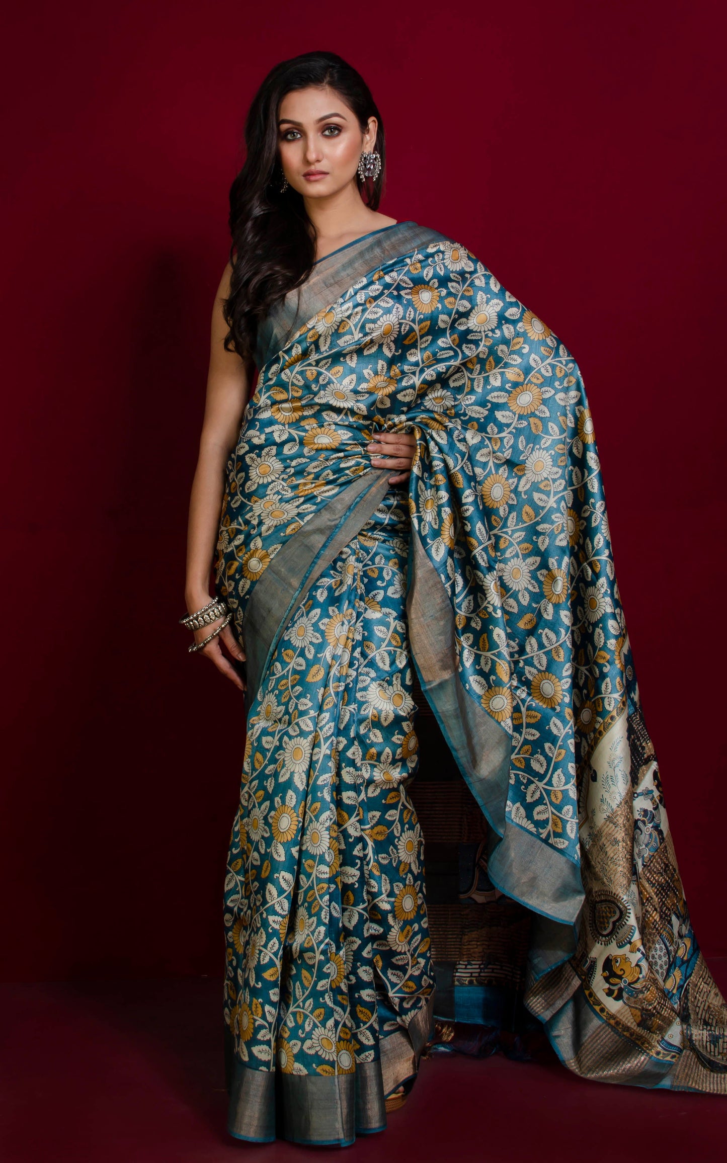 Kalamkari Printed Soft Tussar Silk Saree in Steel Grey, Beige and Multicolored