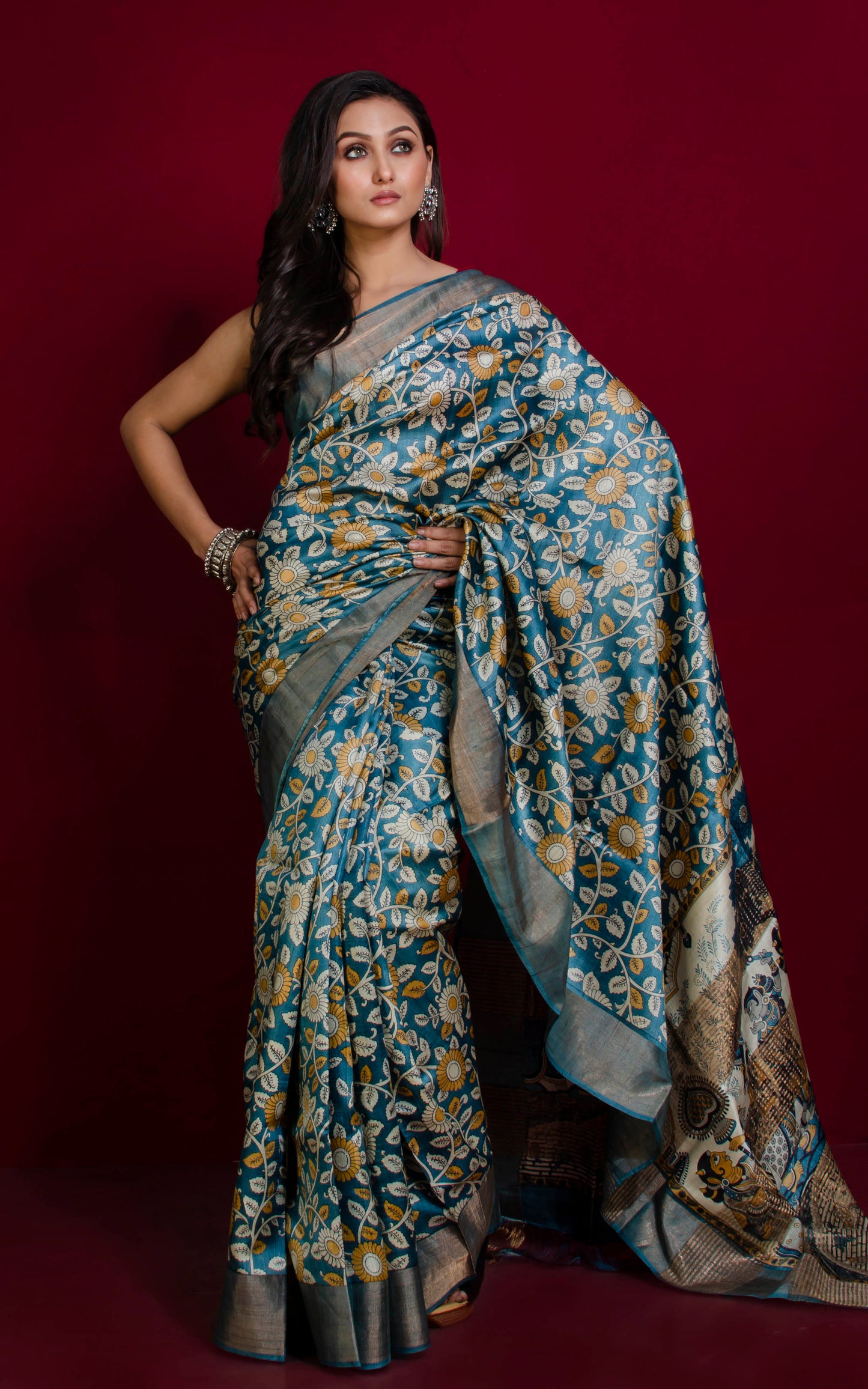 Kalamkari Printed Soft Tussar Silk Saree in Steel Grey, Beige and Multicolored