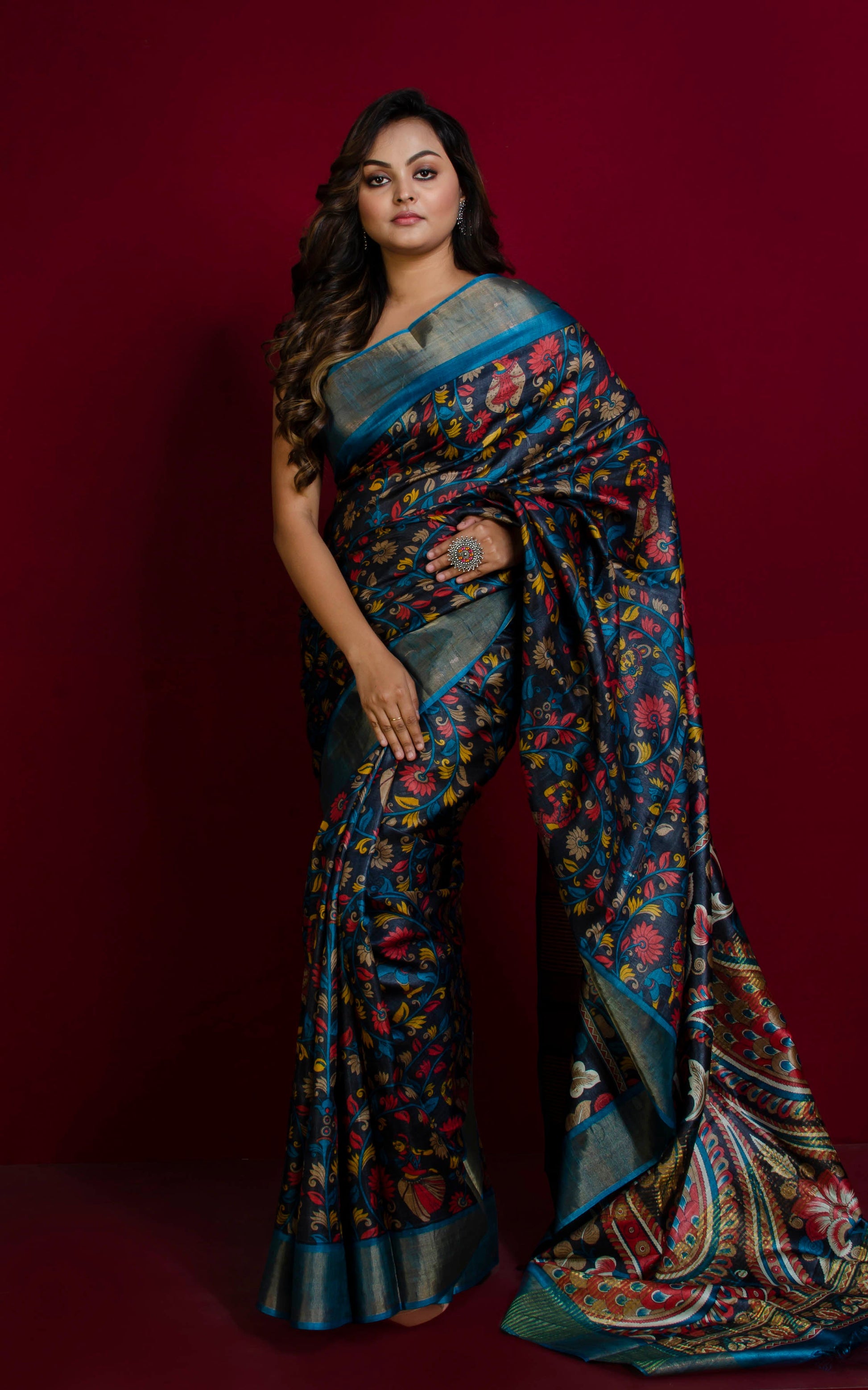 Kalamkari Printed Soft Tussar Silk Saree in Midnight Blue, Denim Blue and Multicolored