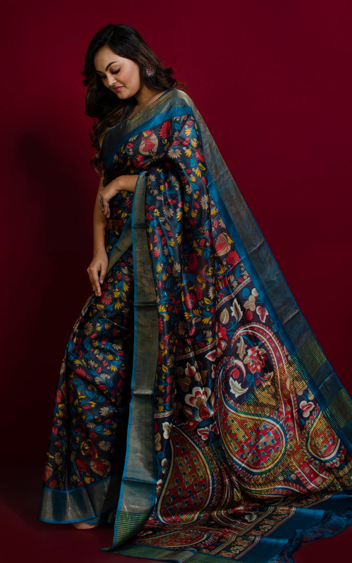 Kalamkari Printed Soft Tussar Silk Saree in Midnight Blue, Denim Blue and Multicolored