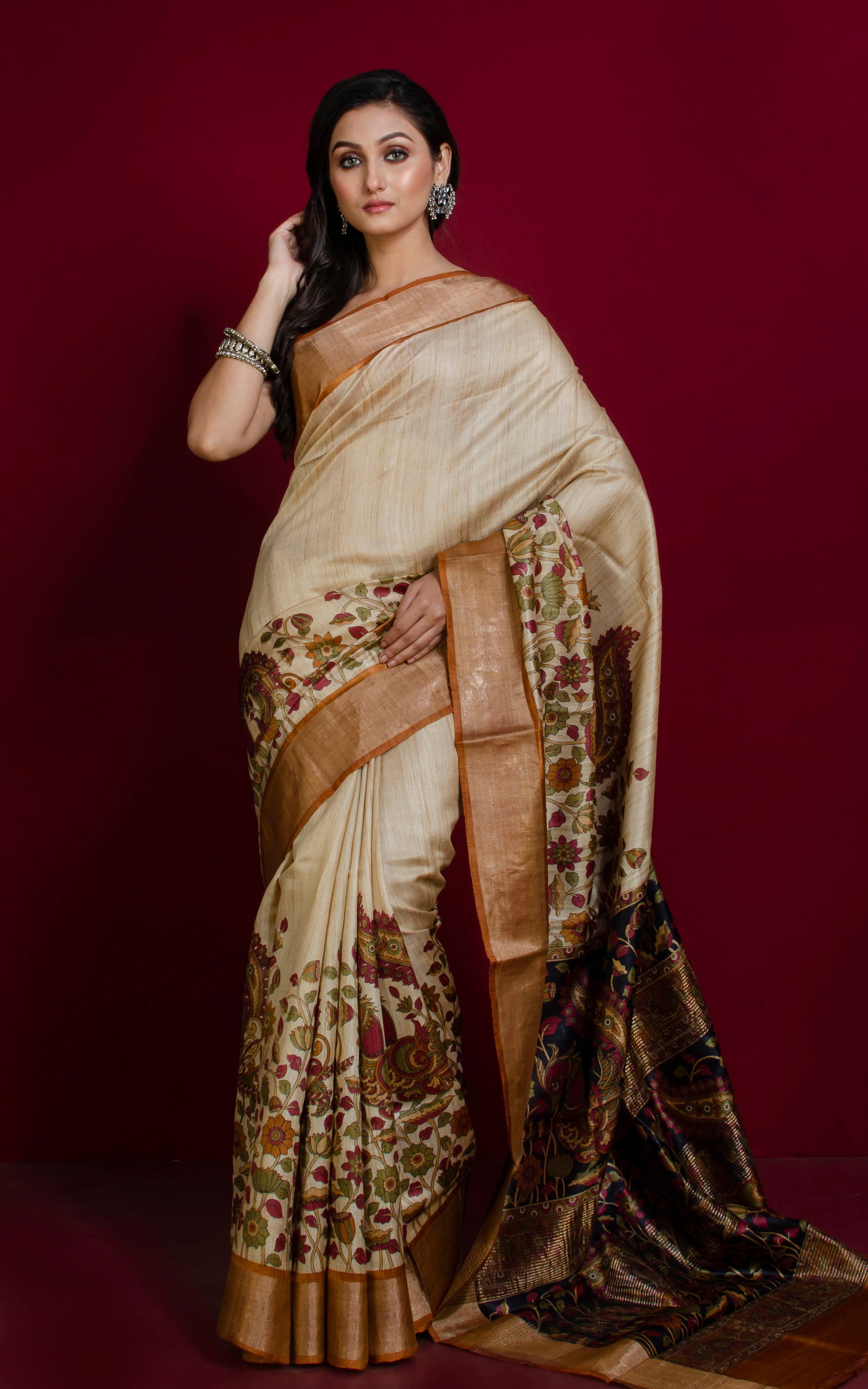 Kalamkari Printed Soft Tussar Silk Saree in Beige, Brown, Black and Multicolored