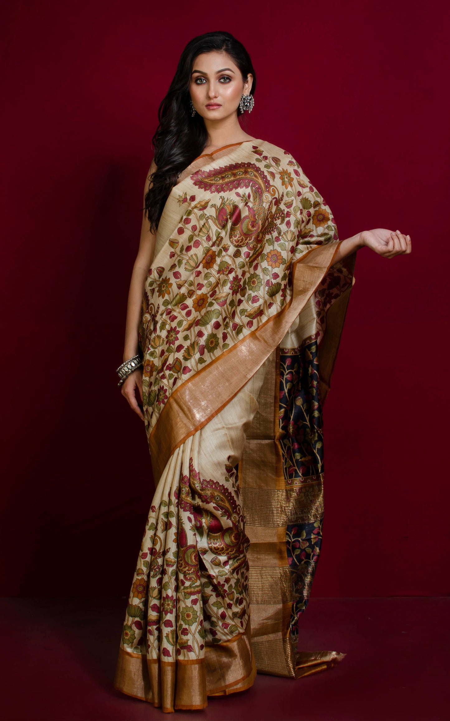 Kalamkari Printed Soft Tussar Silk Saree in Beige, Brown, Black and Multicolored