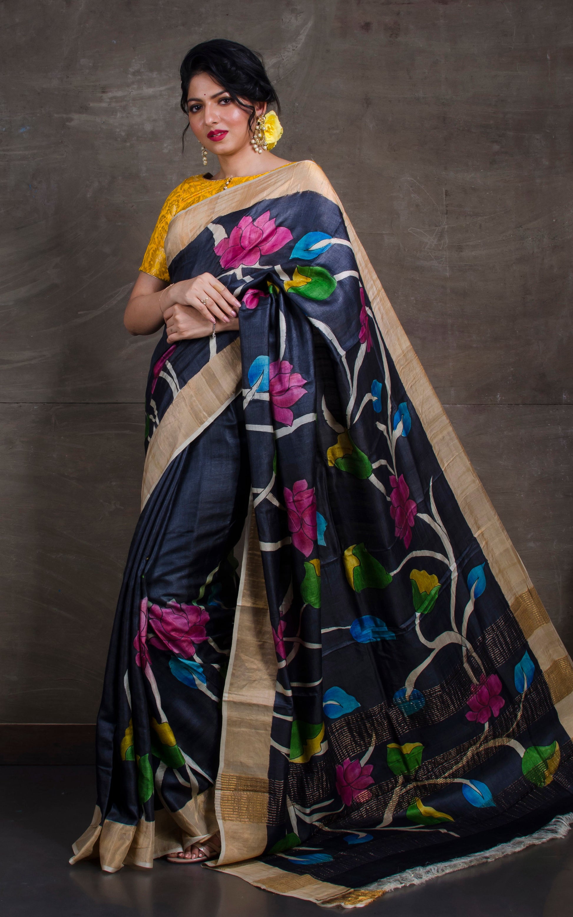 Printed Soft Tussar Silk with Matte finish Zari Border in Black and Multicolored Prints