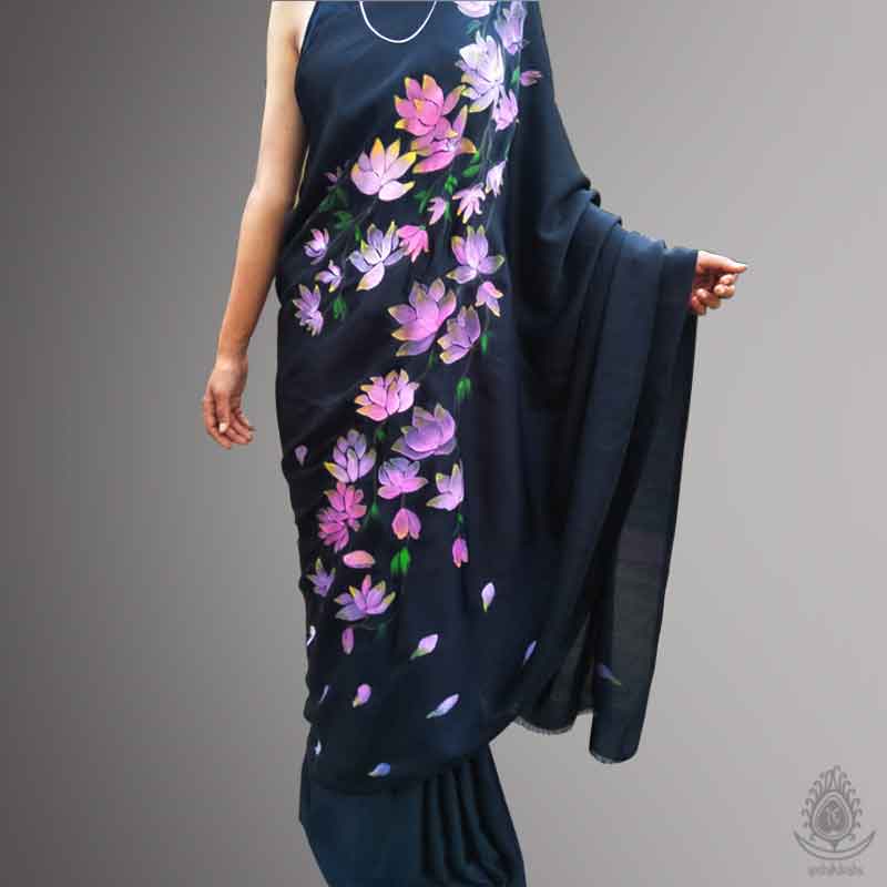 Black Handpainted Lotus Saree | Pure Satin Saree By Rank Never Retire