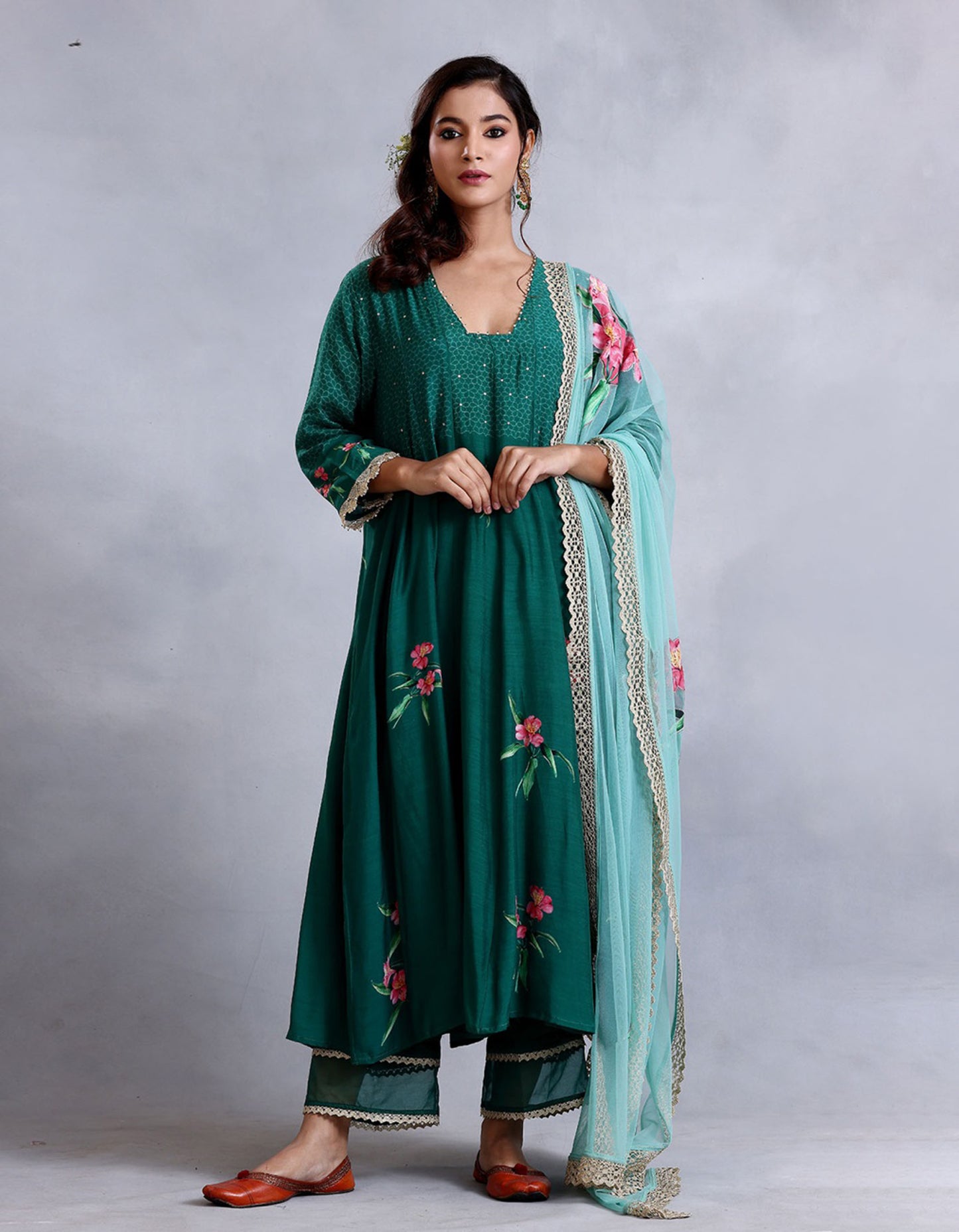 Emerald Green kalidar Cotton Silk Sunehri kurta set